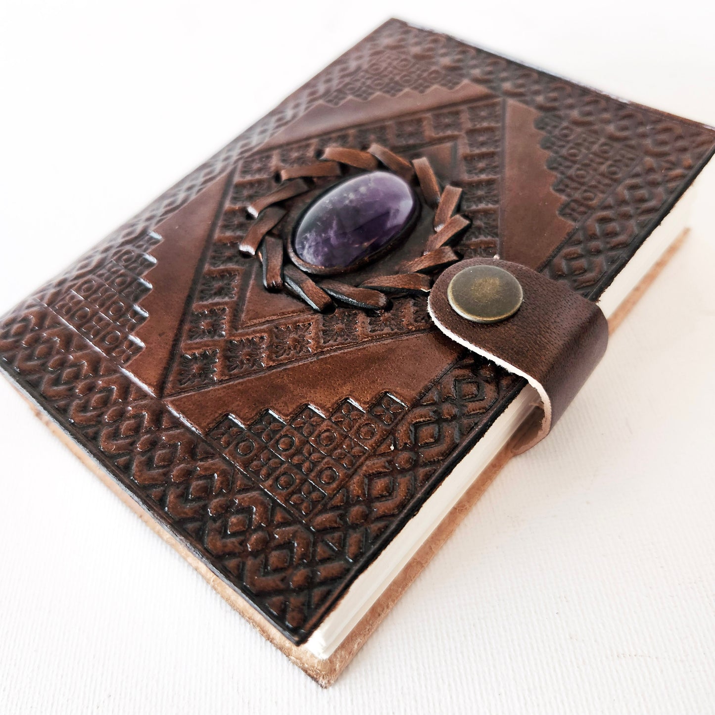 Brown Leather Bound Journal with an Inlaid Amethyst Cover. Hand Embossed on Front & Back. Trip Diary, Notebook, Sketches, Doodles, Lists.
