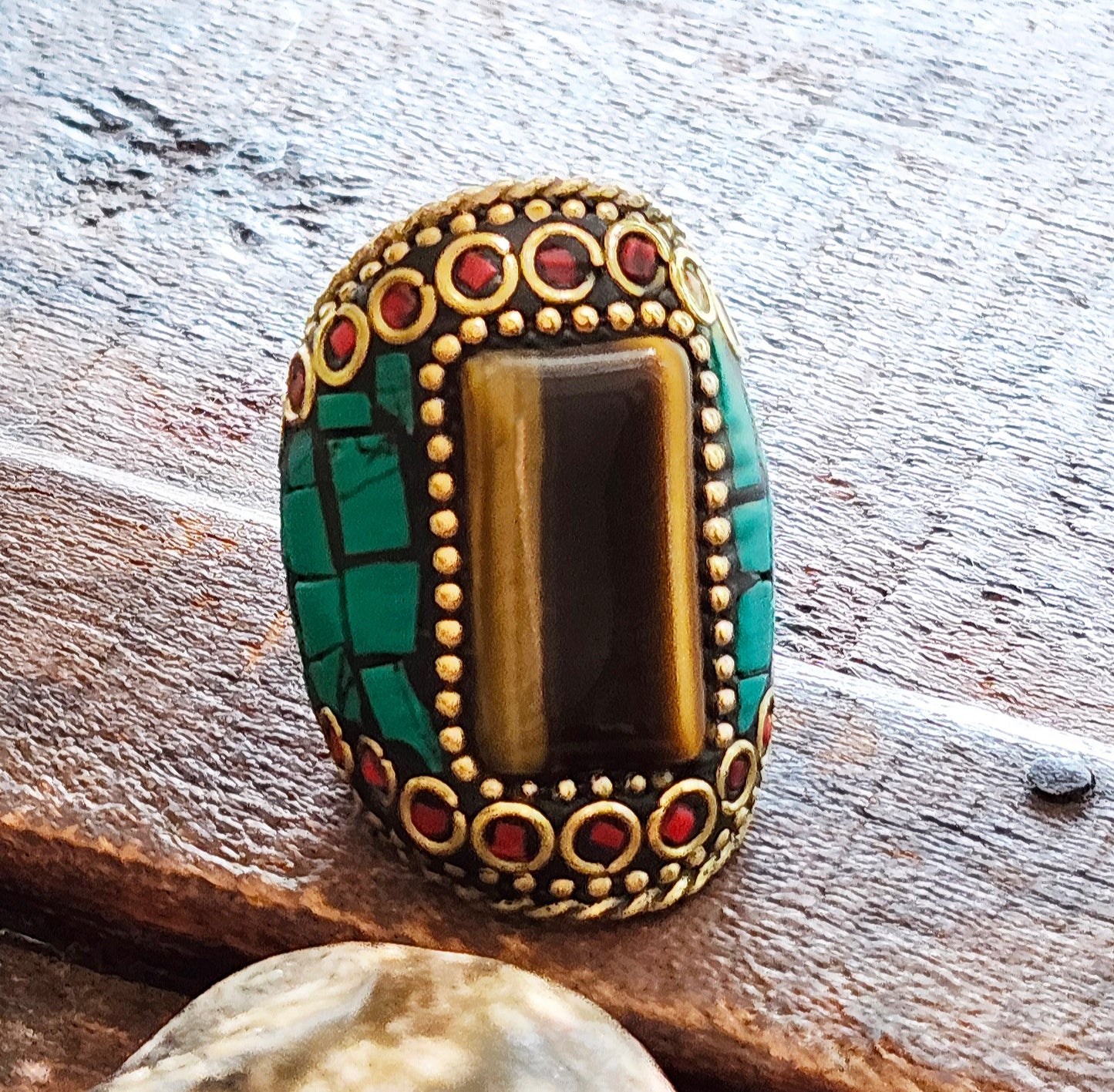 Turquoise Mosaic Ring with a Rectangular Tiger Eye Gemstone.