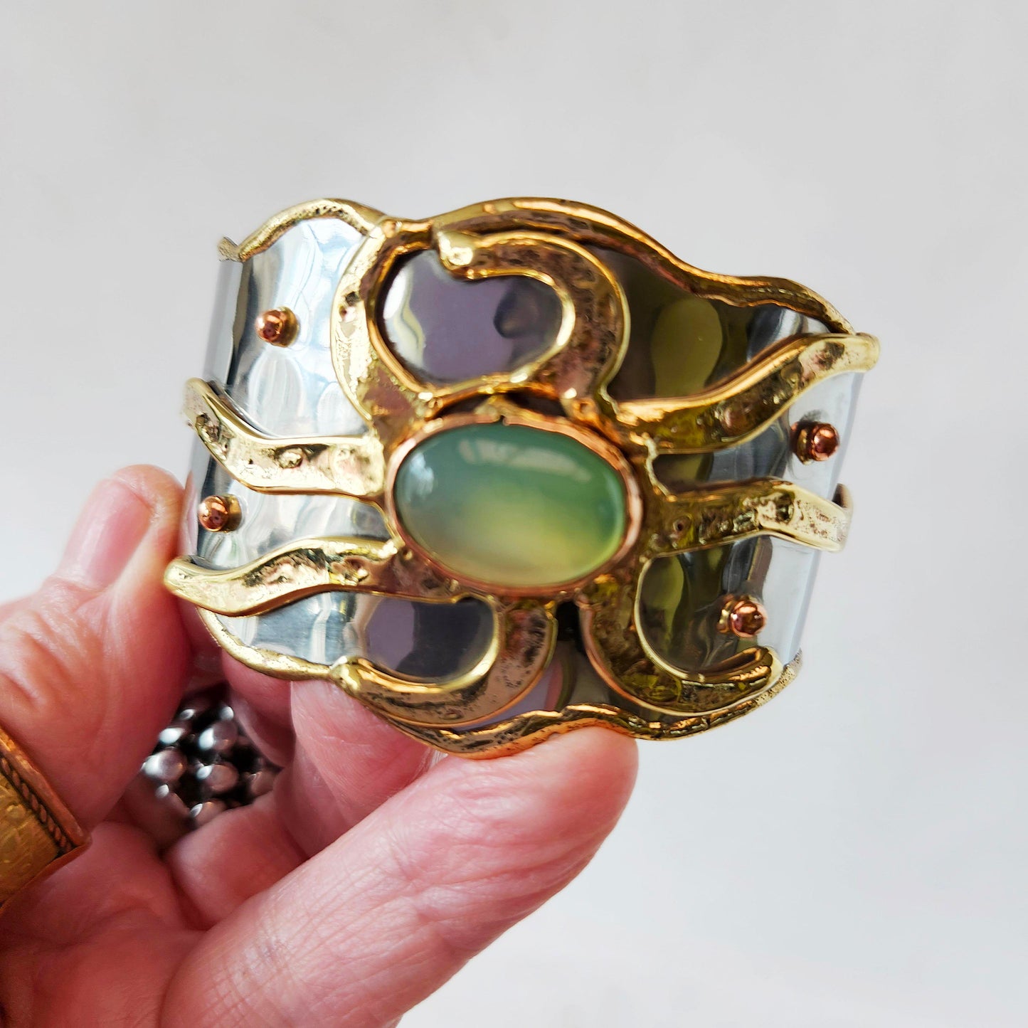 Silver & Bronze Cuff Bracelet with an Inlaid Oval Jadeite Gemstone. Adjustable Fit.
