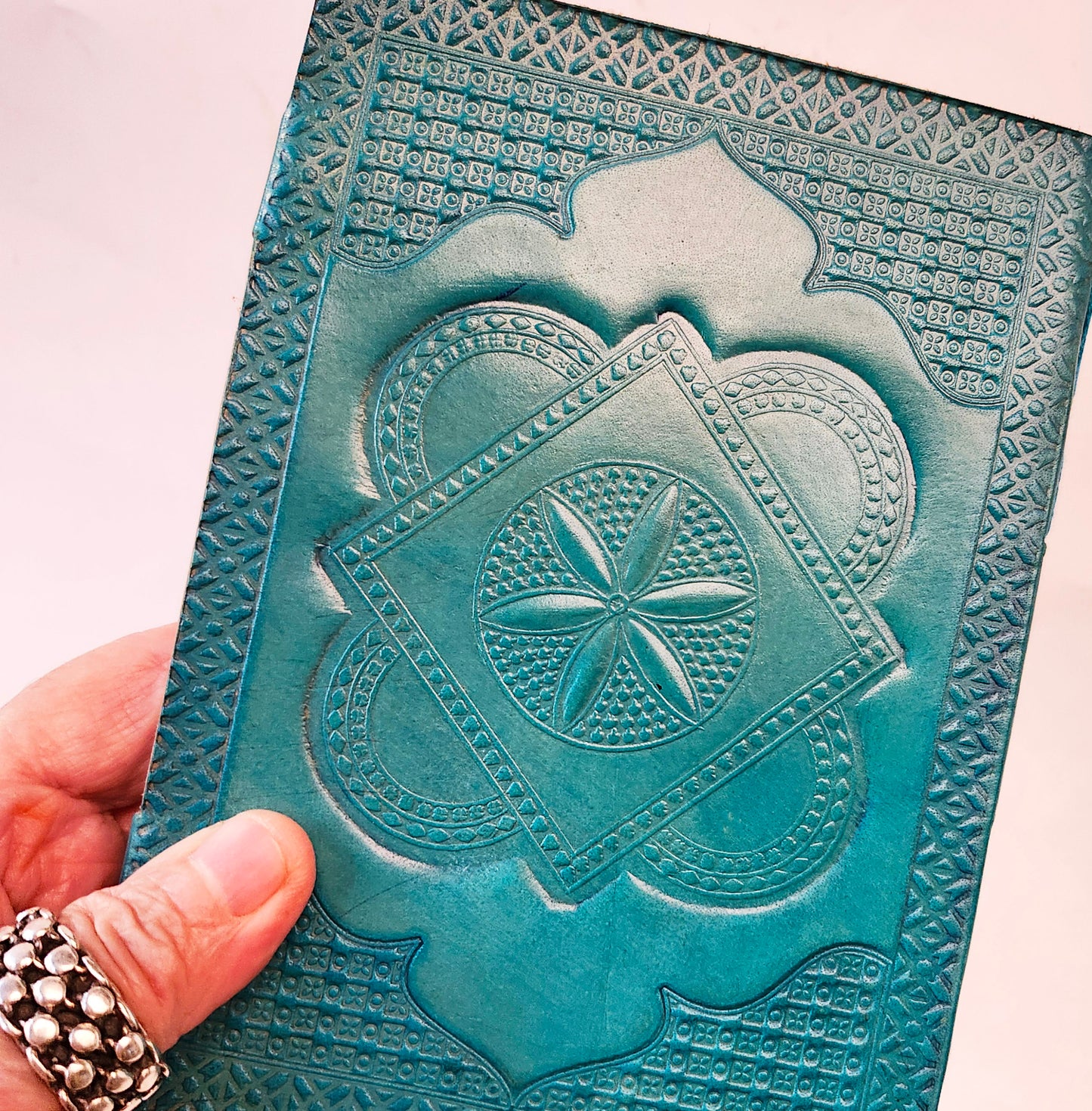 Double Turquoise Leather Bound Journal with a Matching Gemstone Cover.