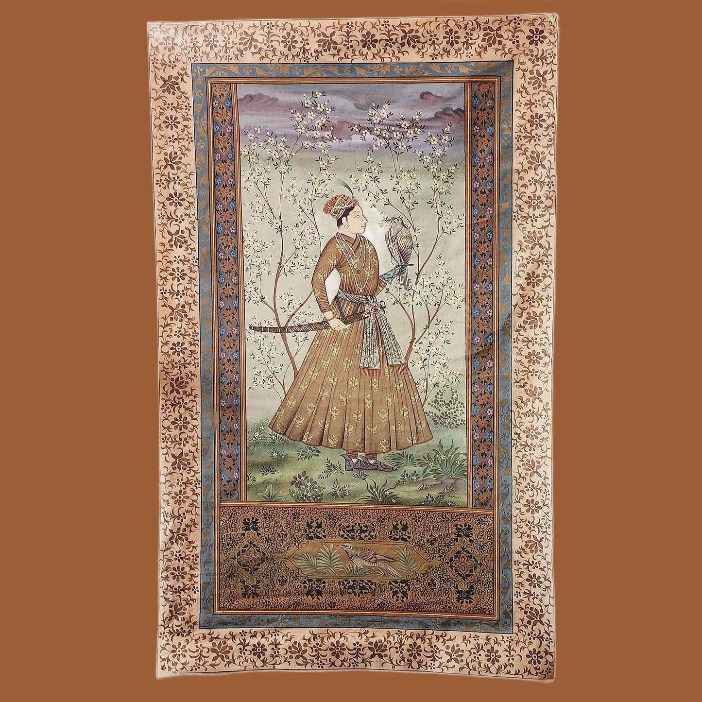 Vintage Hand Painted Original Pichwai Art on Silk Canvas. Boy with Falcon. Mughal Court Style. Rare Collectible. One of a Kind Unframed.