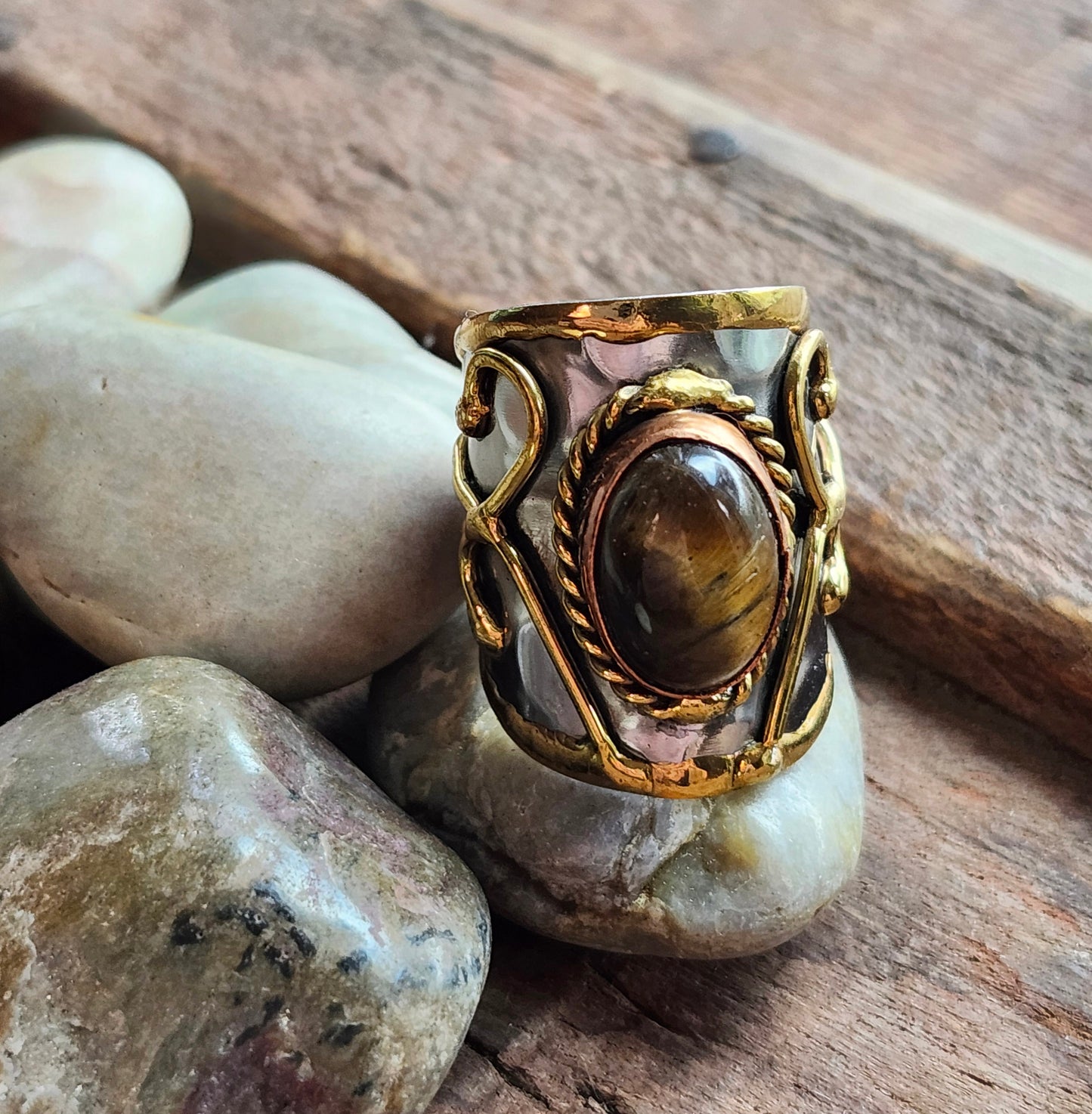 Silver Artisan Handmade Tiger Eye Gemstone Ring. Adjustable Fit. Medieval Aesthetic Poured Brass Overlay Motif. Unique & One of a Kind.