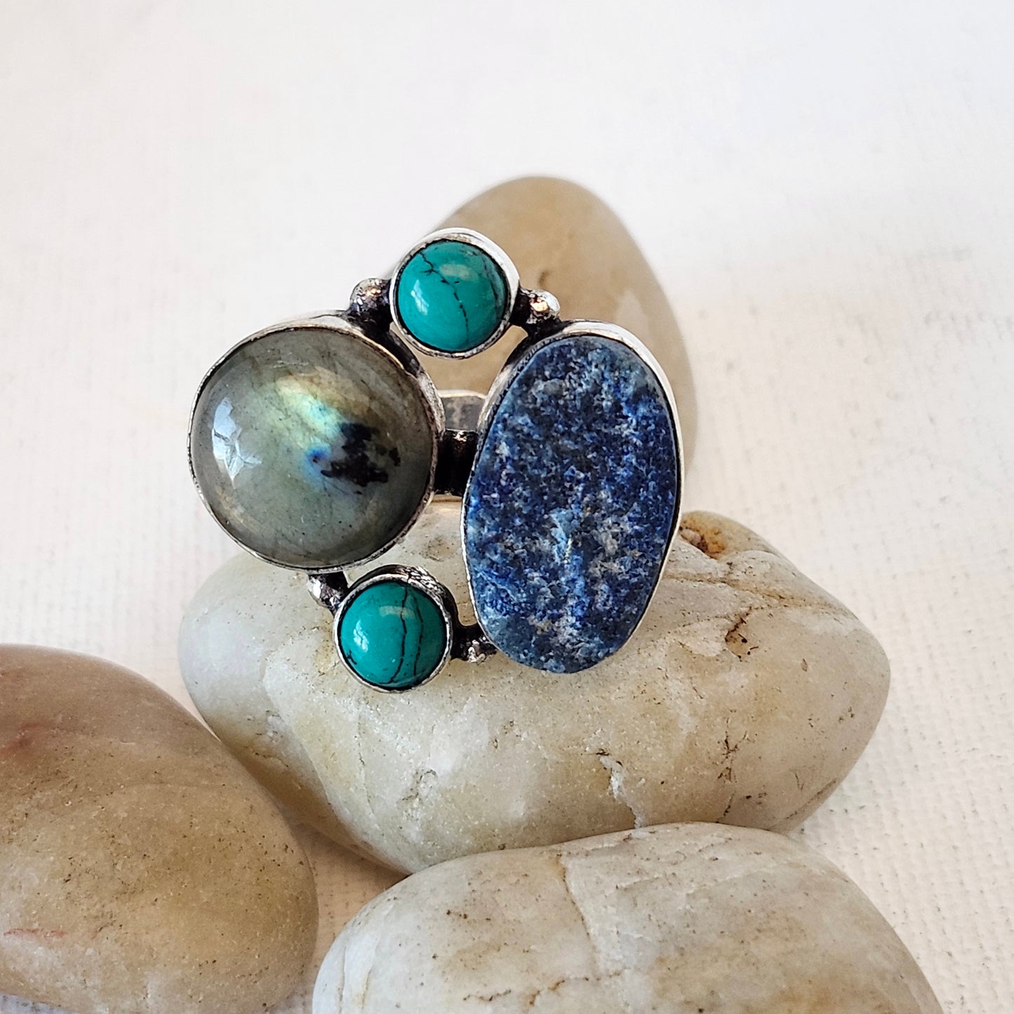 Silver Geometric Ring with 4 Gemstones Including Labradorite, Blue Jasper & Turquoise.