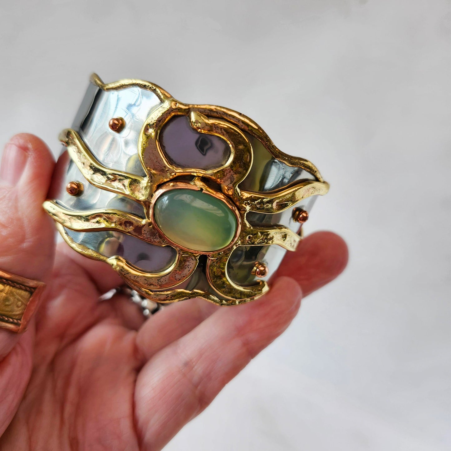 Silver & Bronze Cuff Bracelet with an Inlaid Oval Jadeite Gemstone. Adjustable Fit.