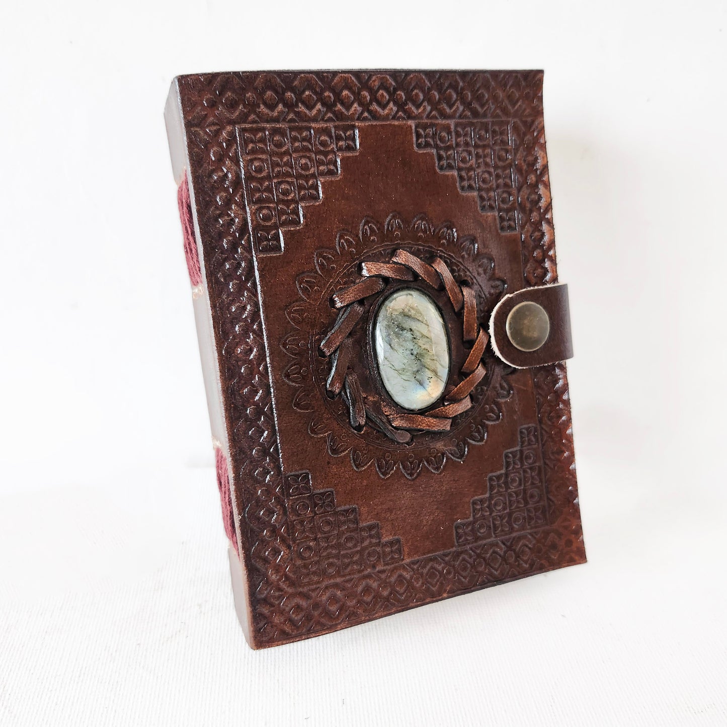 Brown Leather Bound Blank Page Journal with a Labradorite Center Gemstone.