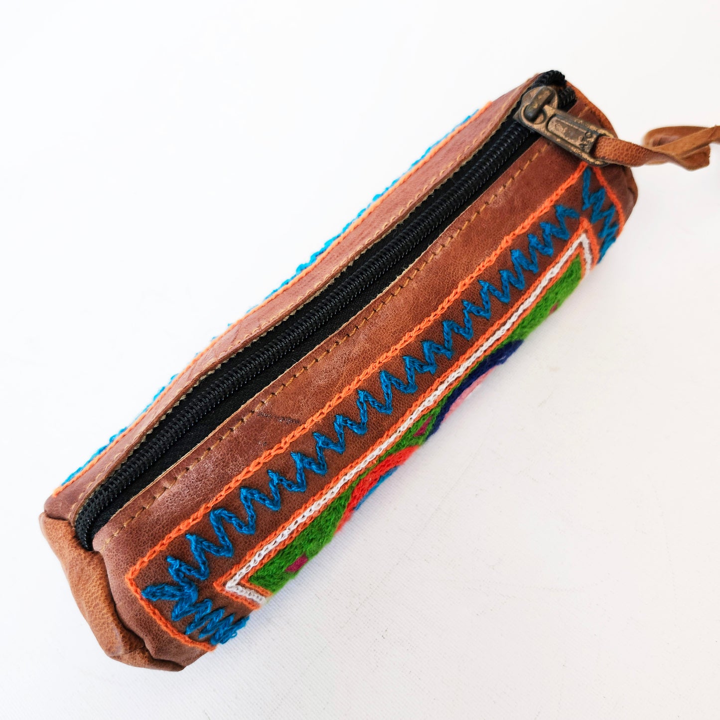 Leather Tube Pouch with a Colorful Hand Embroidered Boho Hippie design.