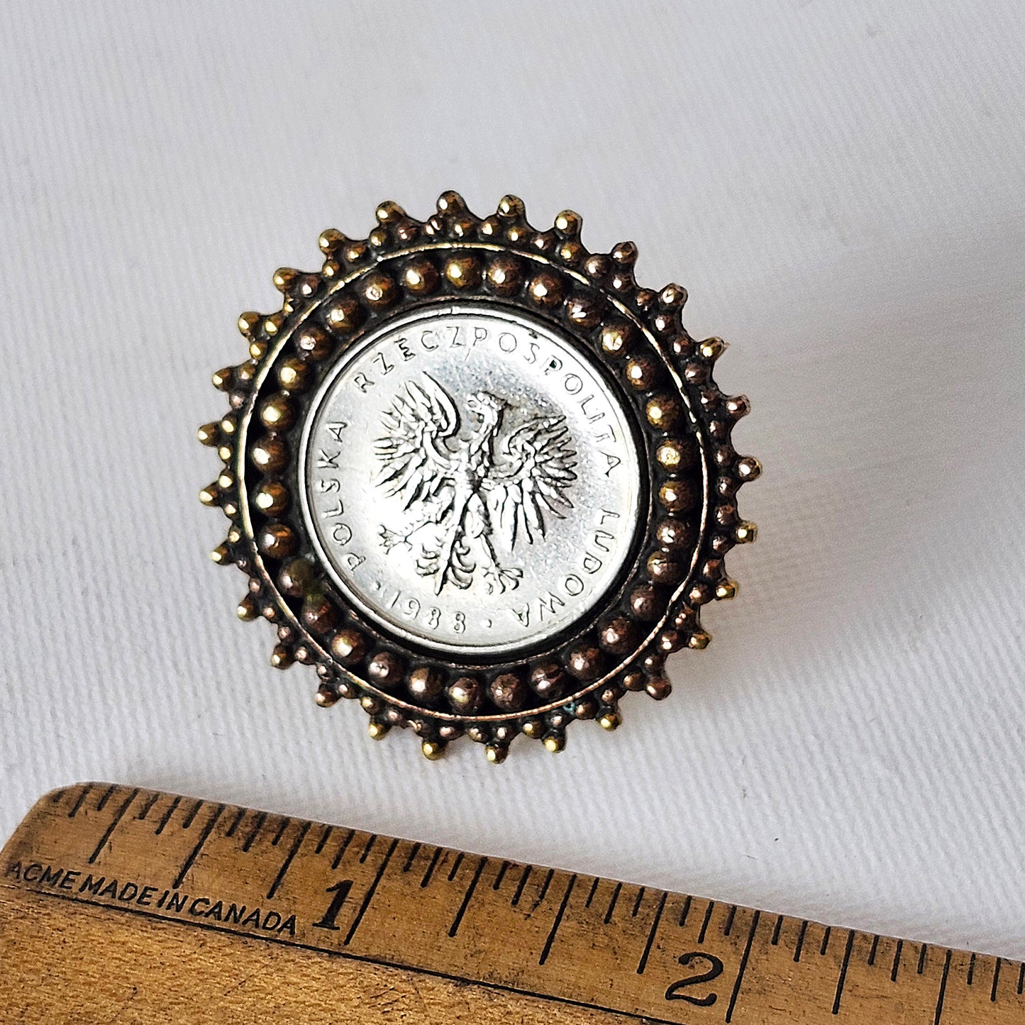 Silver Vintage Coin Ring  with Bronze Detail. Adjustable Size Finger Band.