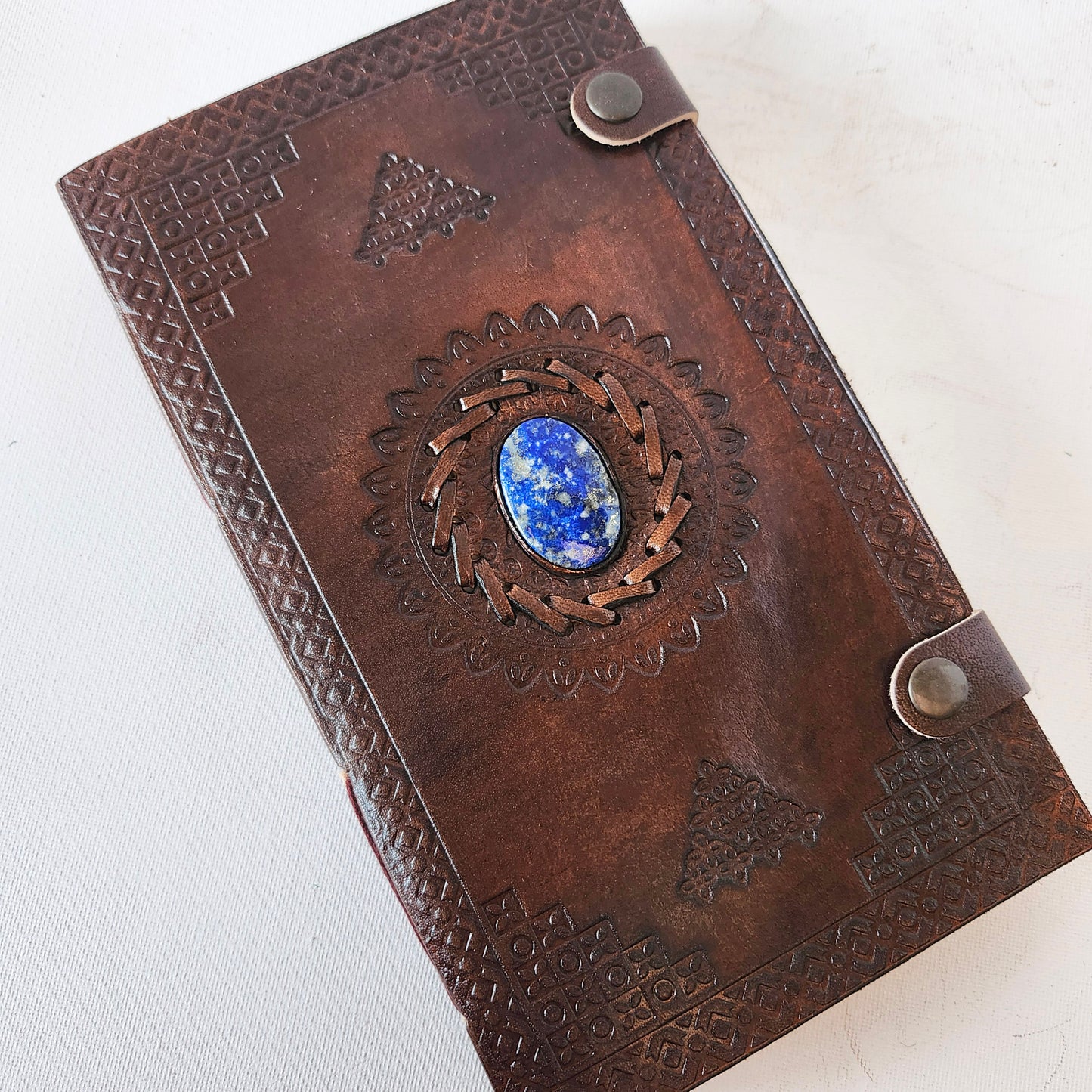 Brown Embossed Genuine Leather Journal with an Inlaid large Lapis Oval Stone.