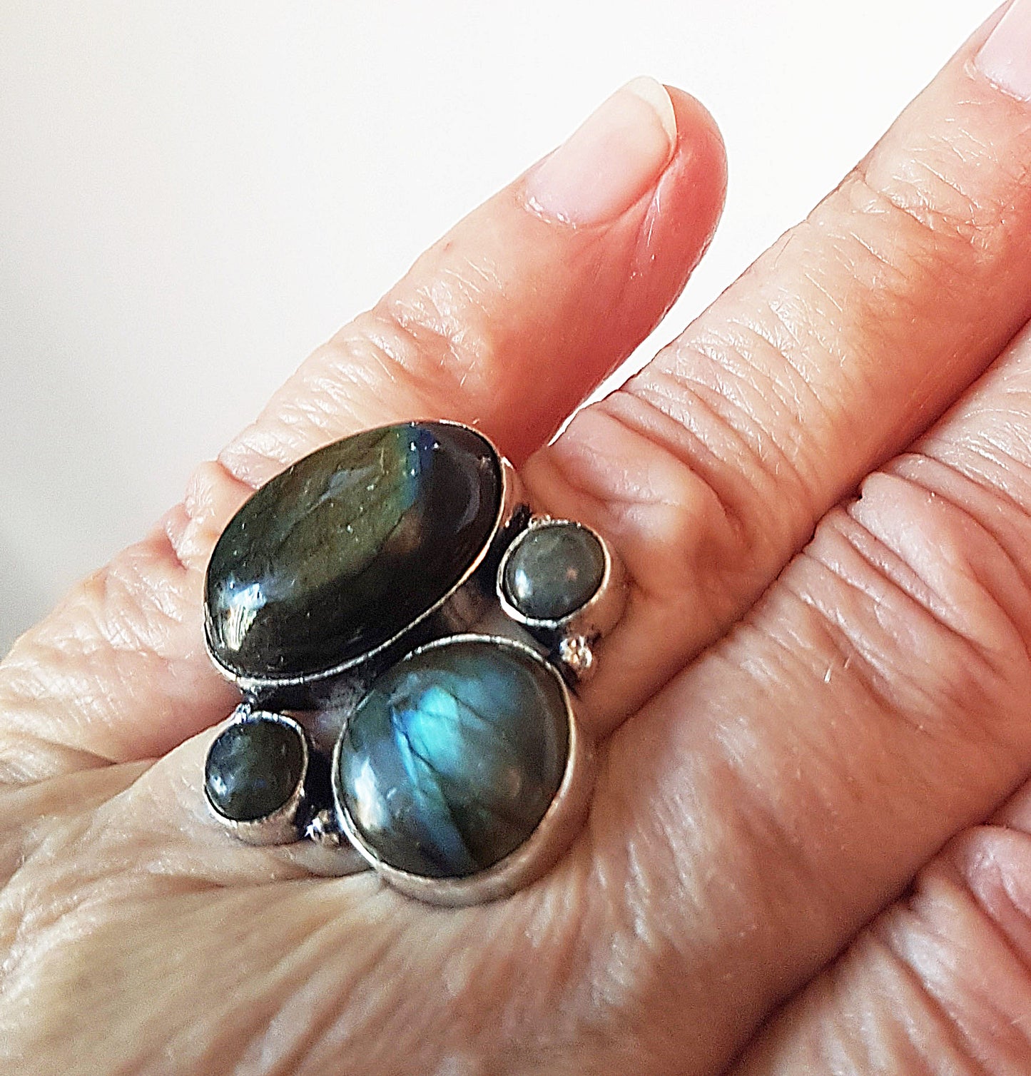 Silver Geometric Ring with 4 Labradorite Gemstones. One Size Fits All.