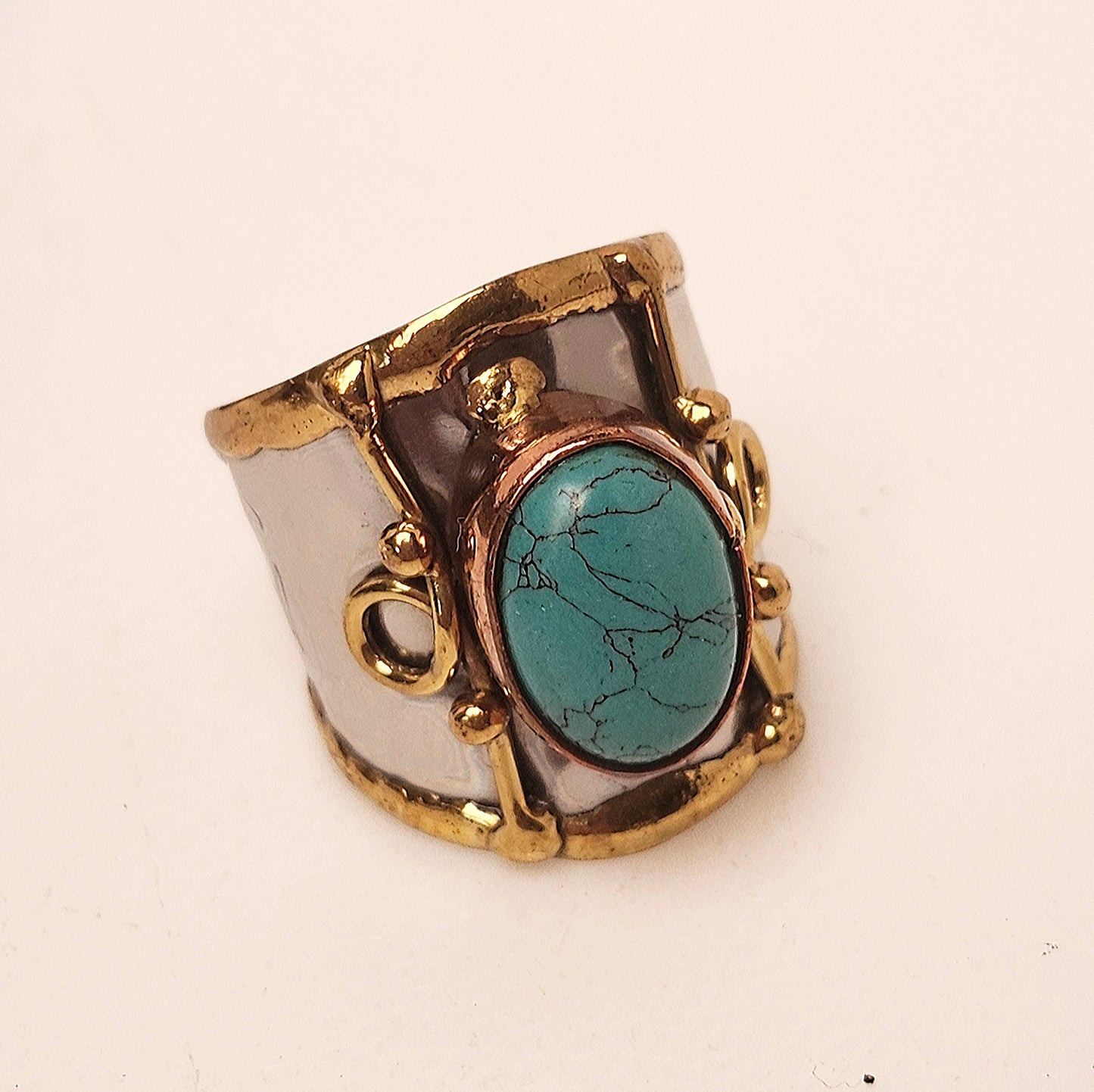Silver Artisan Handmade Turquoise Gemstone Ring. Adjustable fit.