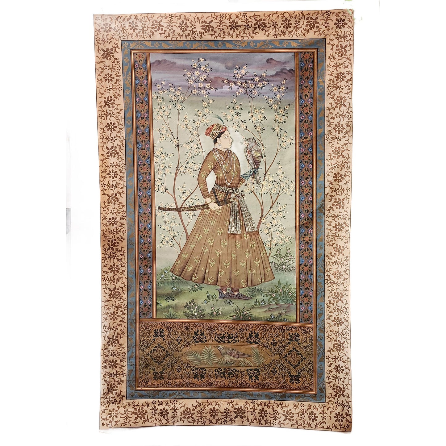 Vintage Hand Painted Original Pichwai Art on Silk Canvas. Boy with Falcon. Mughal Court Style. Rare Collectible. One of a Kind Unframed.