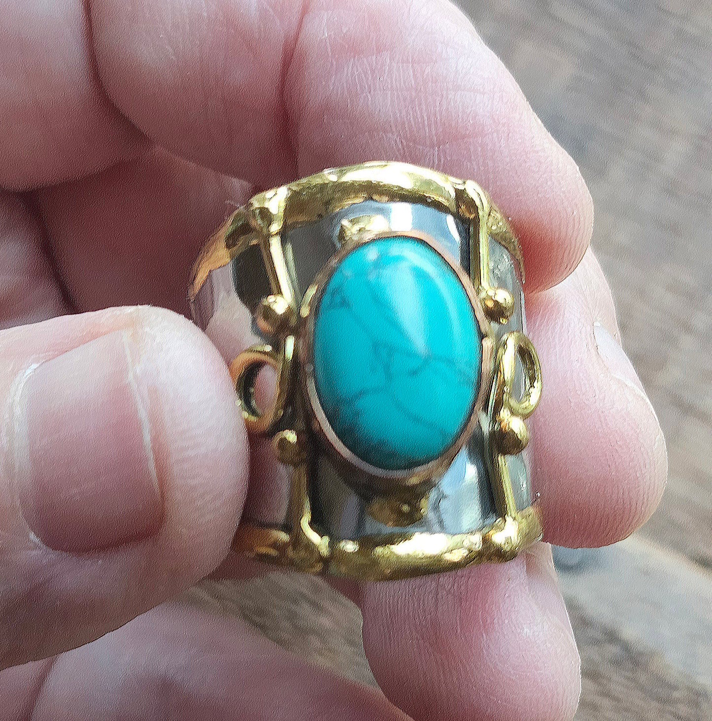 Silver Artisan Handmade Turquoise Gemstone Ring. Adjustable fit.