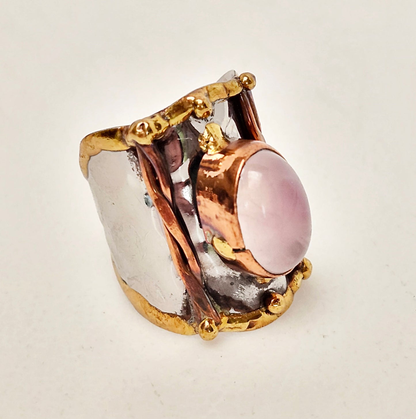 Silver Artisan Handmade Rose Quartz Gemstone Ring. Adjustable Fit.