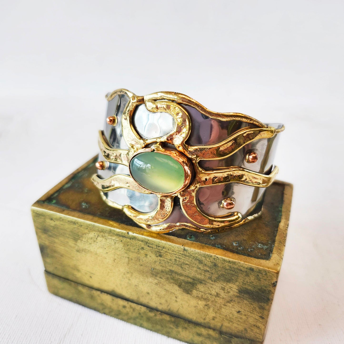 Silver & Bronze Cuff Bracelet with an Inlaid Oval Jadeite Gemstone. Adjustable Fit.