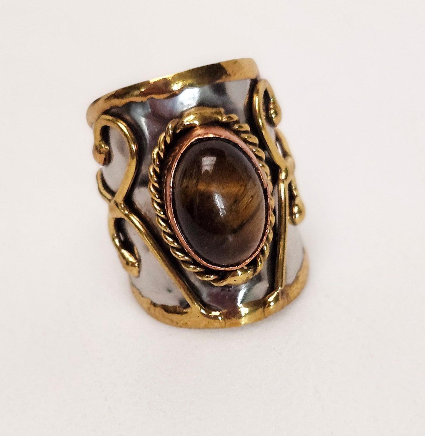 Silver Artisan Handmade Tiger Eye Gemstone Ring. Adjustable Fit. Medieval Aesthetic Poured Brass Overlay Motif. Unique & One of a Kind.