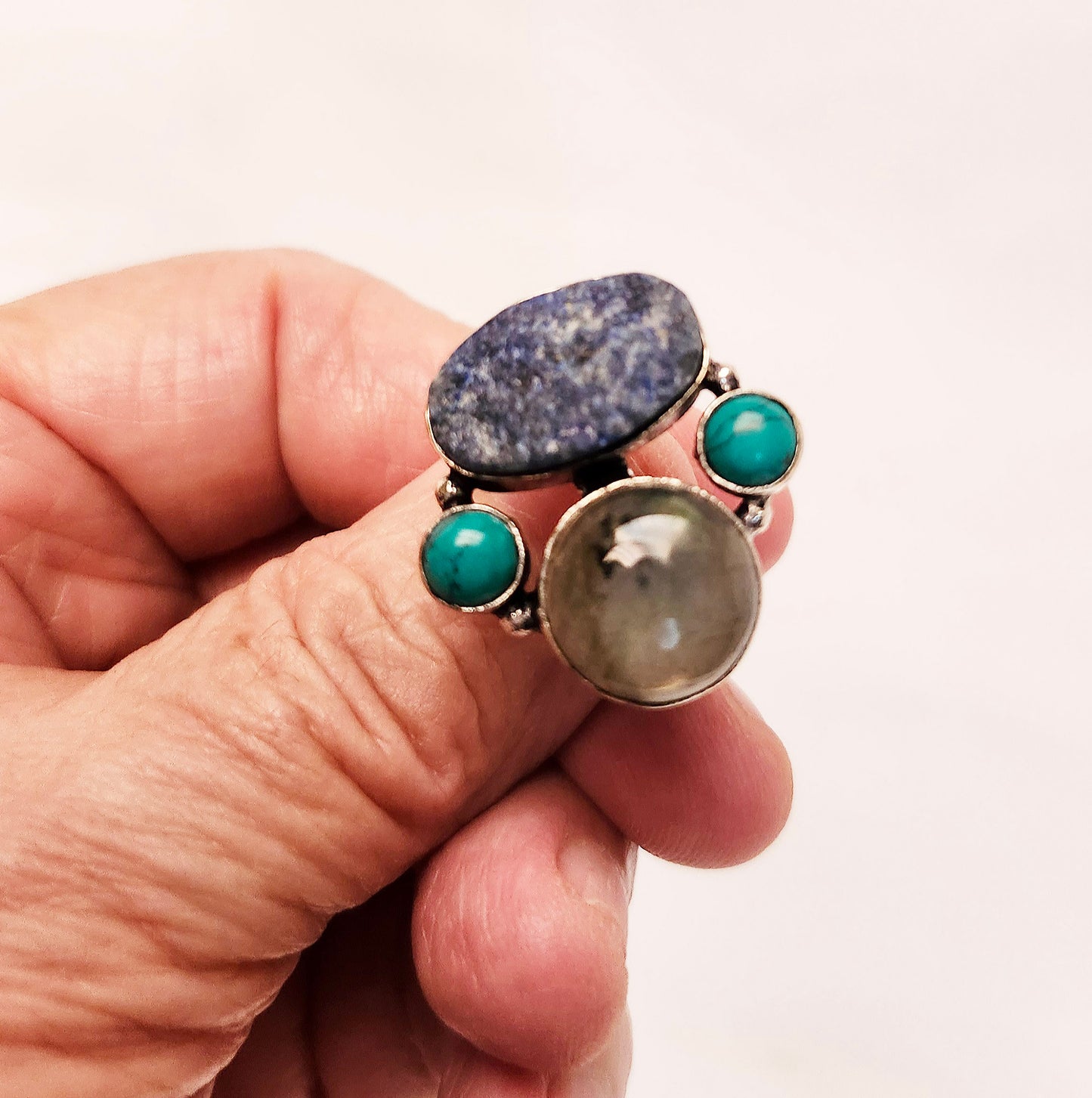 Silver Geometric Ring with 4 Gemstones Including Labradorite, Blue Jasper & Turquoise.