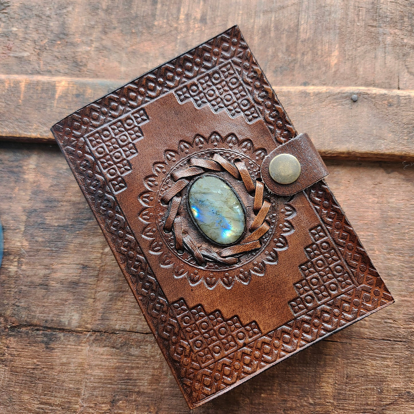 Brown Leather Bound Blank Page Journal with a Labradorite Center Gemstone.