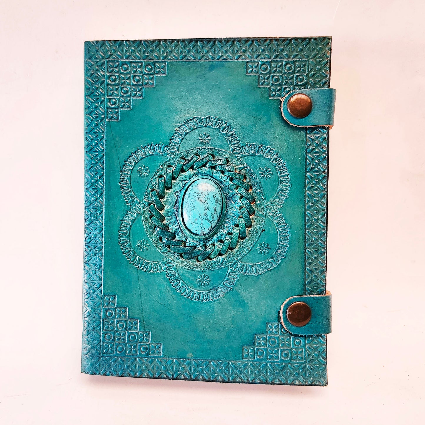 Double Turquoise Leather Bound Journal with a Matching Gemstone Cover.