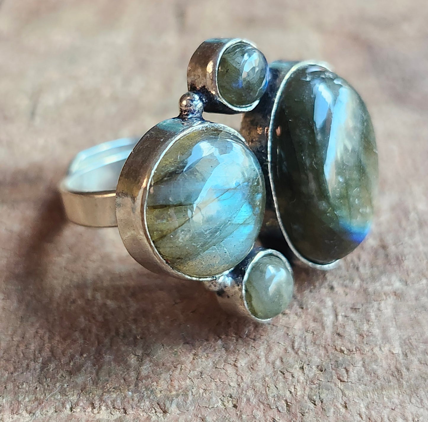 Silver Geometric Ring with 4 Labradorite Gemstones. One Size Fits All.