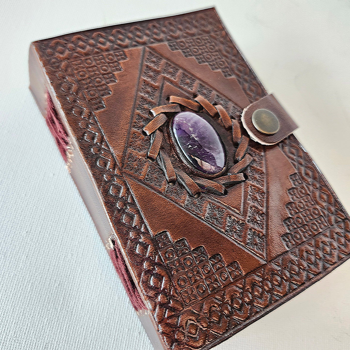 Brown Leather Bound Journal with an Inlaid Amethyst Cover. Hand Embossed on Front & Back. Trip Diary, Notebook, Sketches, Doodles, Lists.