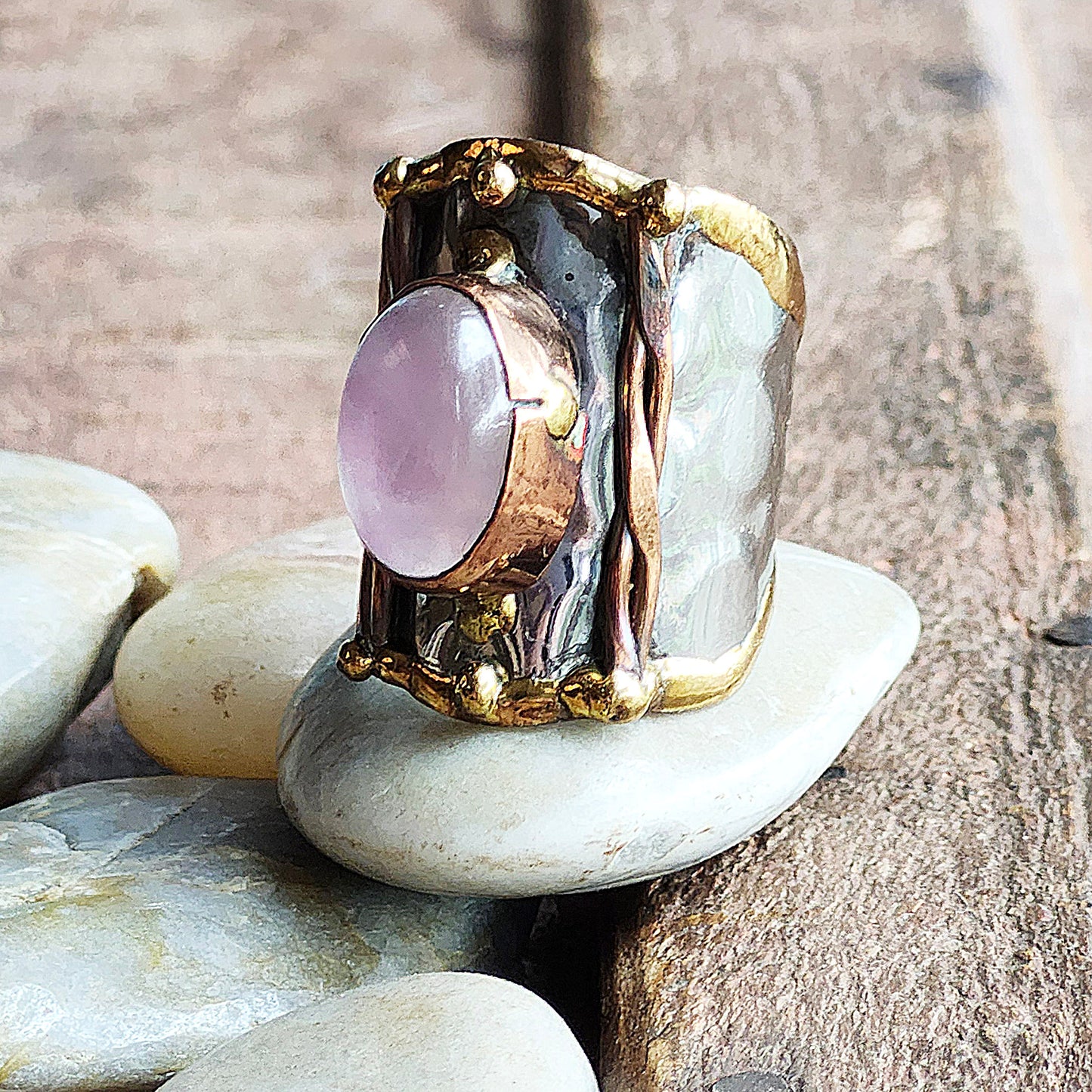 Silver Artisan Handmade Rose Quartz Gemstone Ring. Adjustable Fit.