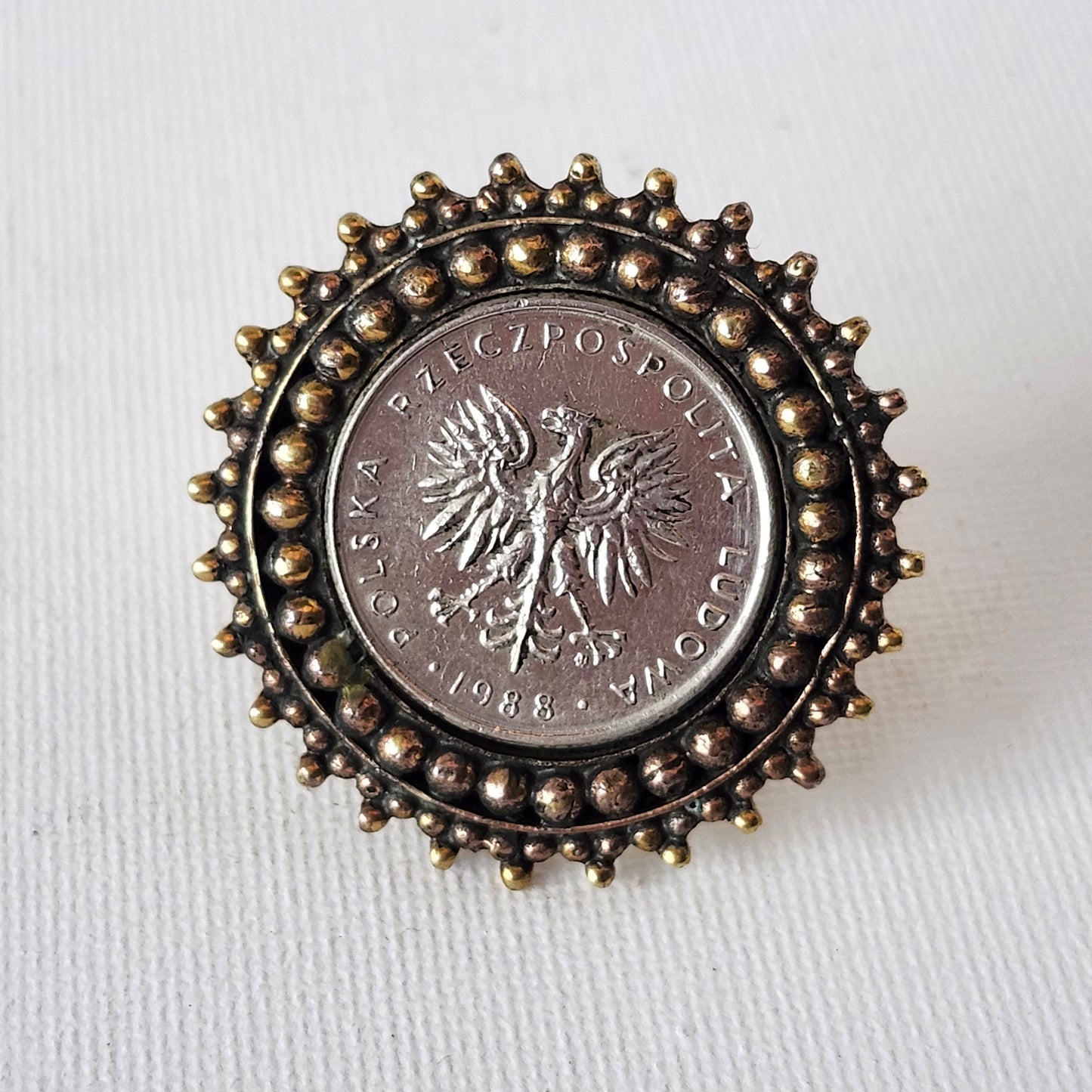 Silver Vintage Coin Ring  with Bronze Detail. Adjustable Size Finger Band.