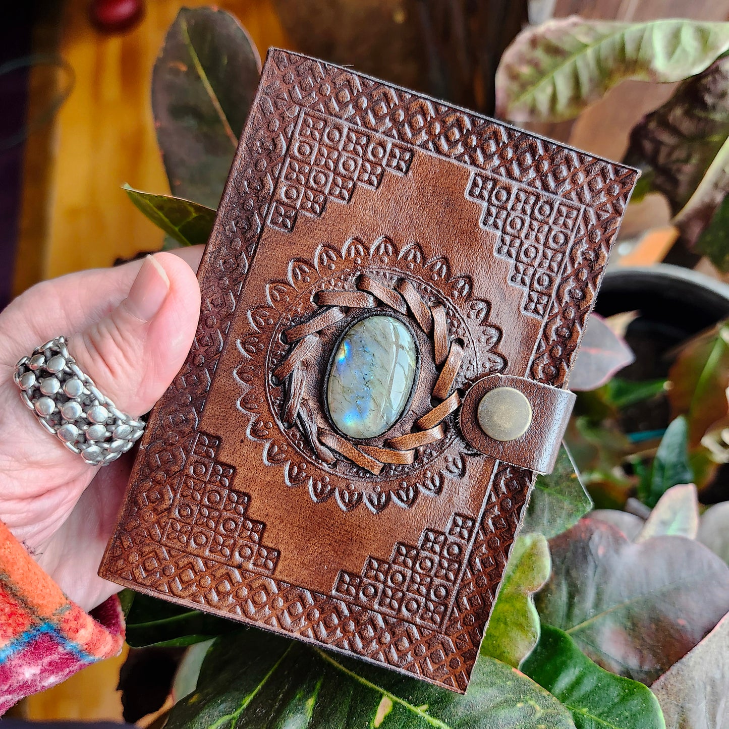 Brown Leather Bound Blank Page Journal with a Labradorite Center Gemstone.
