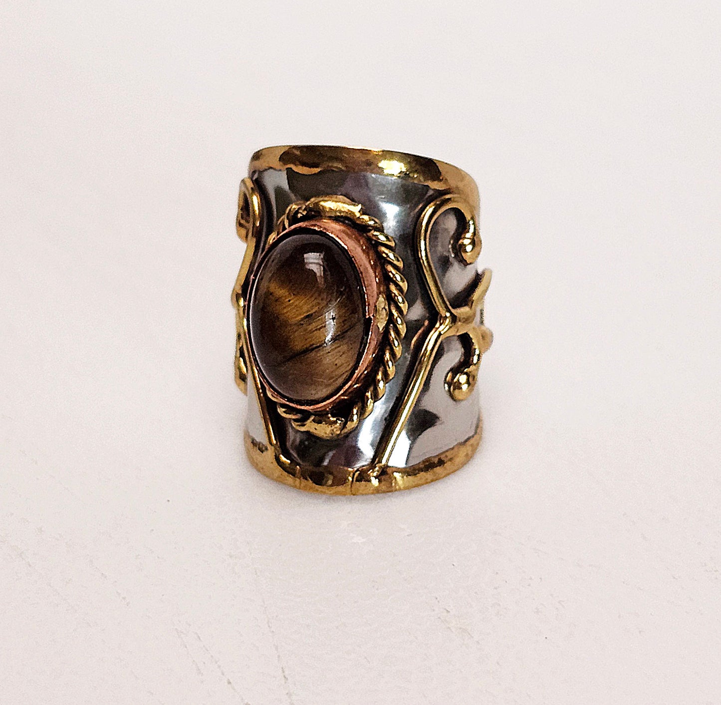 Silver Artisan Handmade Tiger Eye Gemstone Ring. Adjustable Fit. Medieval Aesthetic Poured Brass Overlay Motif. Unique & One of a Kind.