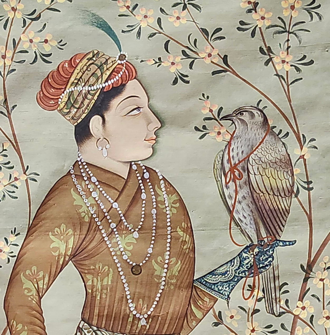 Vintage Hand Painted Original Pichwai Art on Silk Canvas. Boy with Falcon. Mughal Court Style. Rare Collectible. One of a Kind Unframed.