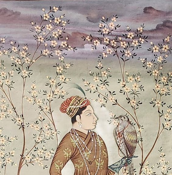 Vintage Hand Painted Original Pichwai Art on Silk Canvas. Boy with Falcon. Mughal Court Style. Rare Collectible. One of a Kind Unframed.