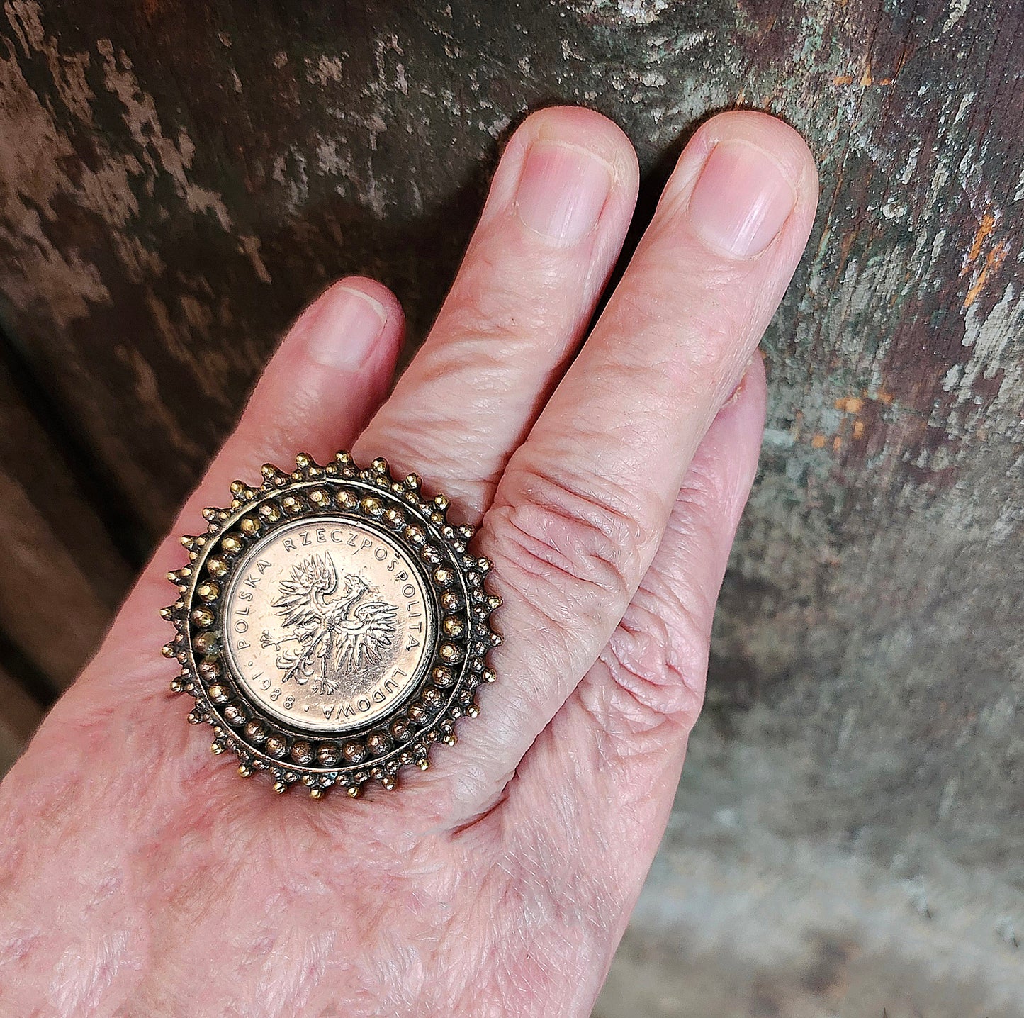 Silver Vintage Coin Ring  with Bronze Detail. Adjustable Size Finger Band.