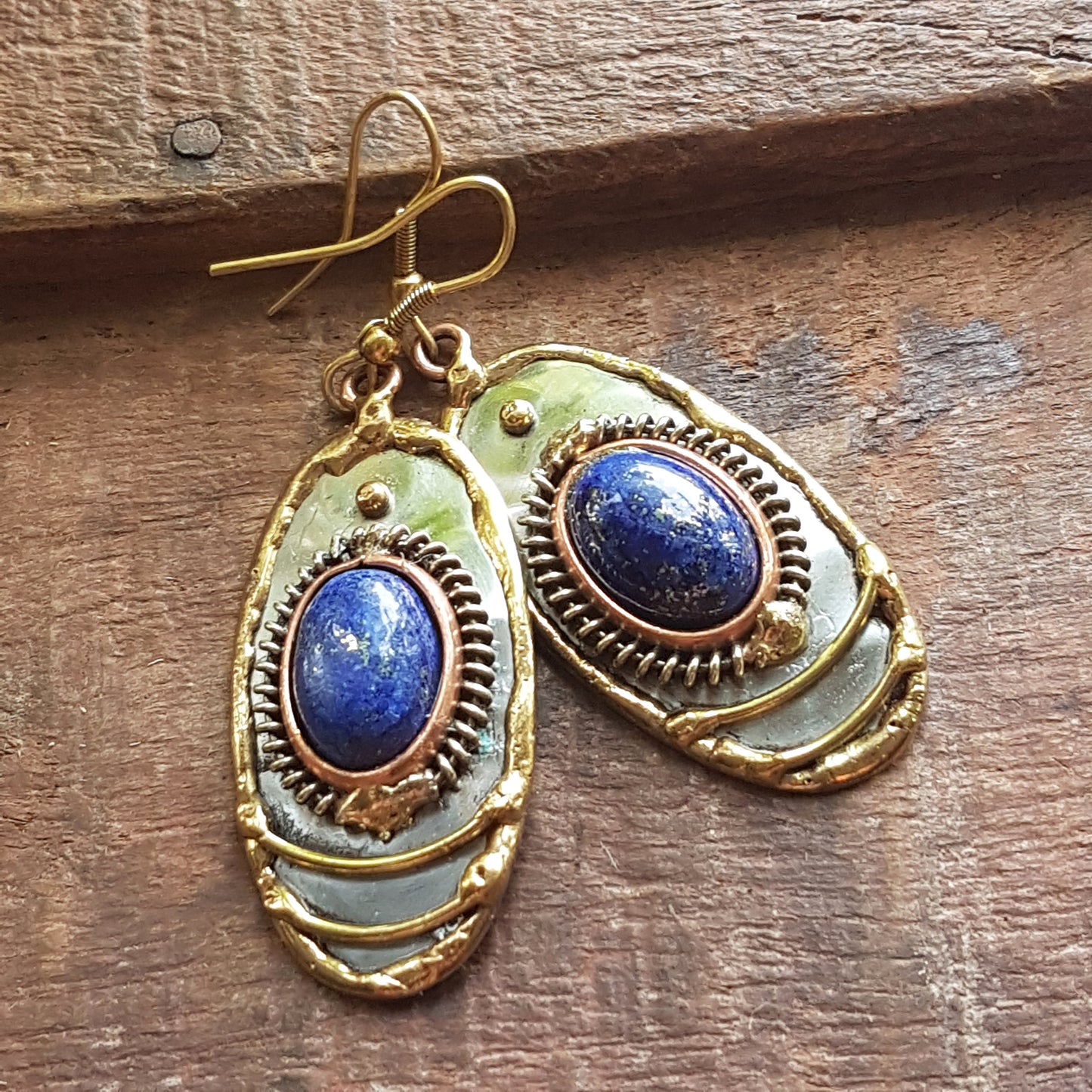 Lapis Lazuli Oval Gemstone Earrings in a Mixed Silver Gold Design