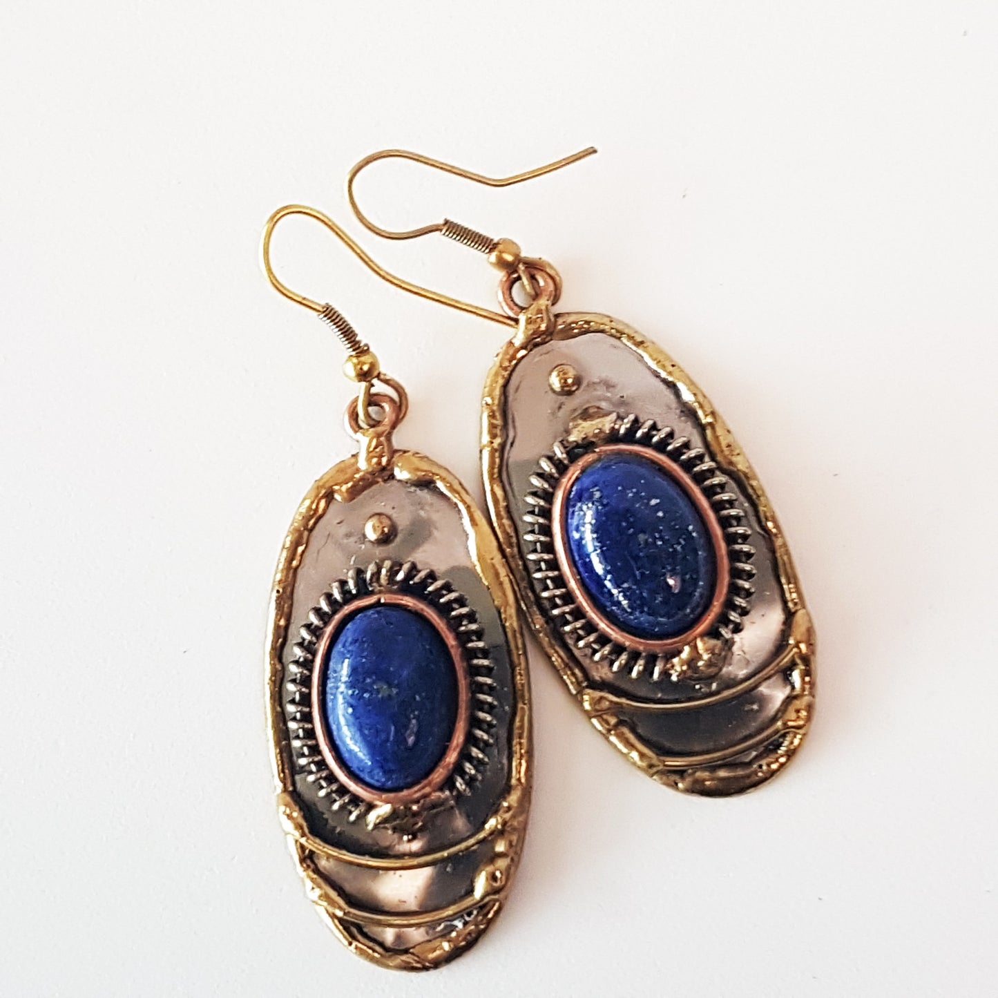 Lapis Lazuli Oval Gemstone Earrings in a Mixed Silver Gold Design