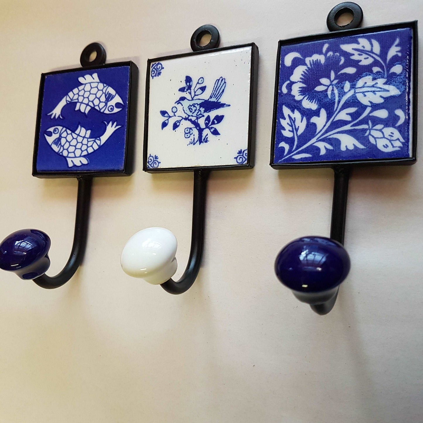 3 Coat hooks-wall hooks for functional home decor. Zen Garden exclusive collection of 3 hand painted ceramic hooks . 4.5 by 2 inches.