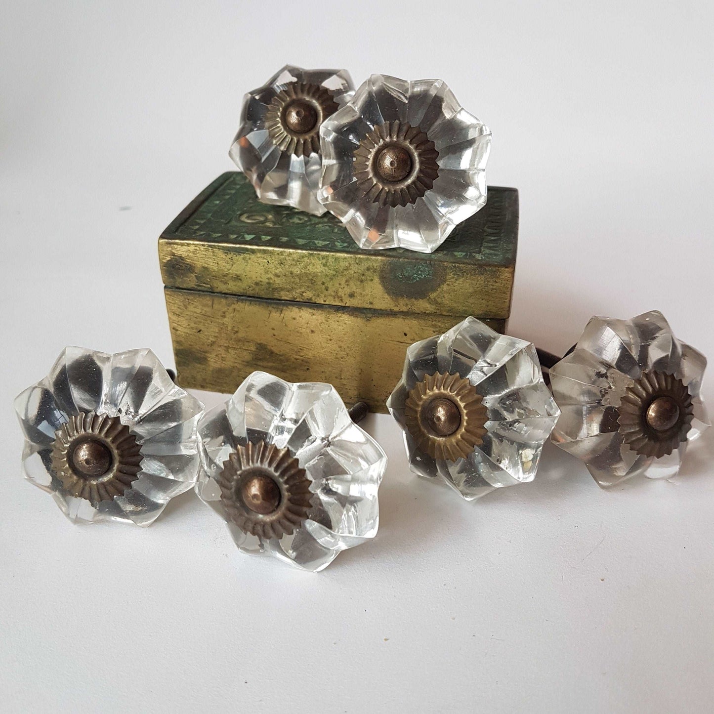 6 Crystal clear glass cabinet knobs vintage style bronze accents. Drawer pulls, cupboard and wardrobe knobs. 2 inch diameter approximately. - Vintage India Ca