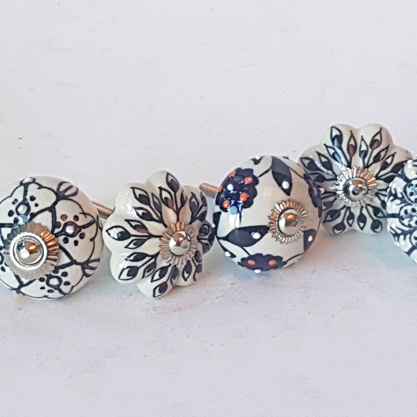 Andromeda set of 8 hand painted cabinet drawer knobs with botanical patterns in black & white. Exclusive designer collection. In stock now! - Vintage India Ca