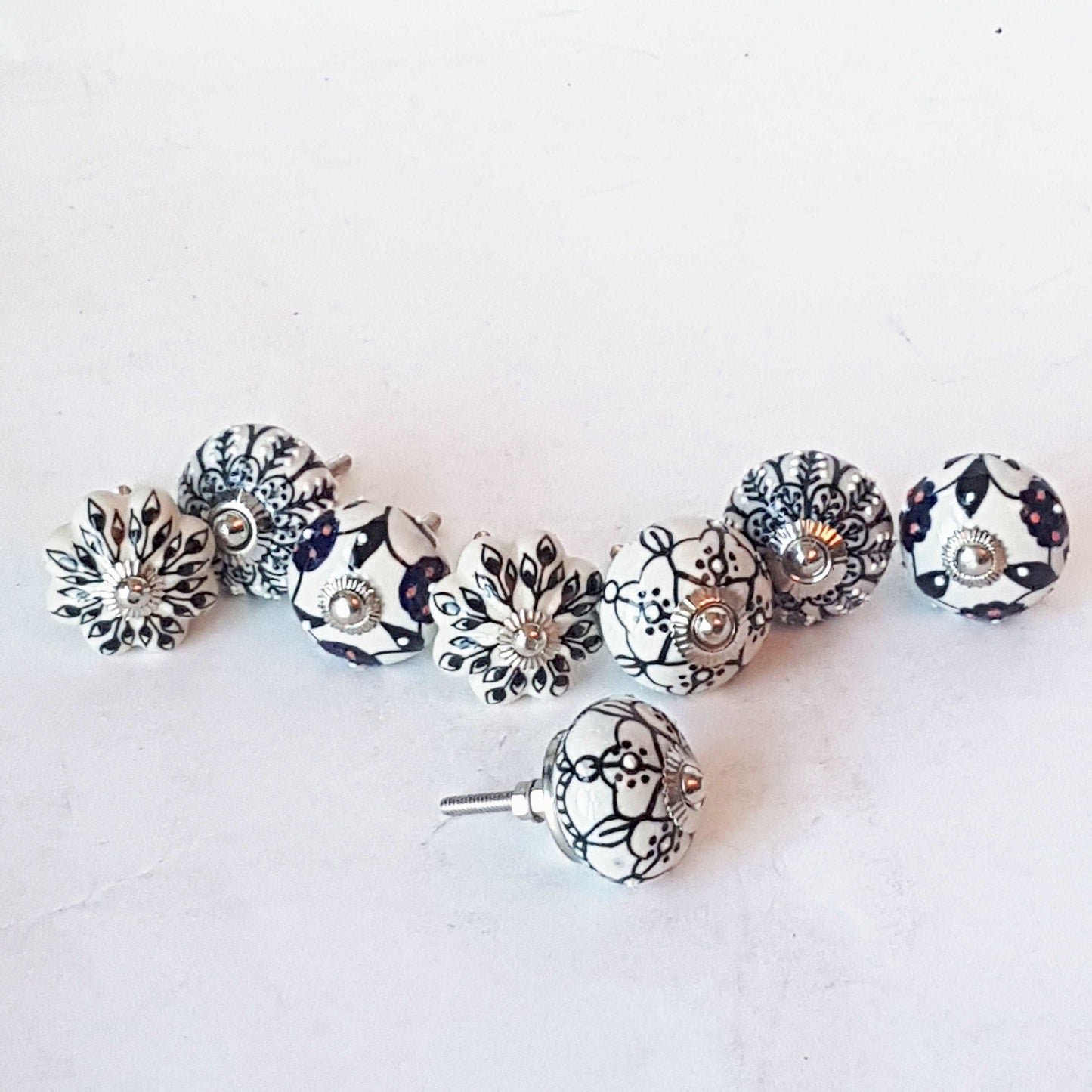 Andromeda set of 8 hand painted cabinet drawer knobs with botanical patterns in black & white. Exclusive designer collection. In stock now! - Vintage India Ca