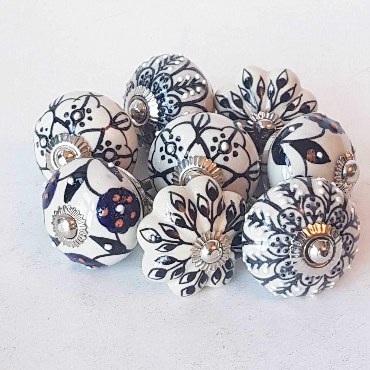 Andromeda set of 8 hand painted cabinet drawer knobs with botanical patterns in black & white. Exclusive designer collection. In stock now! - Vintage India Ca