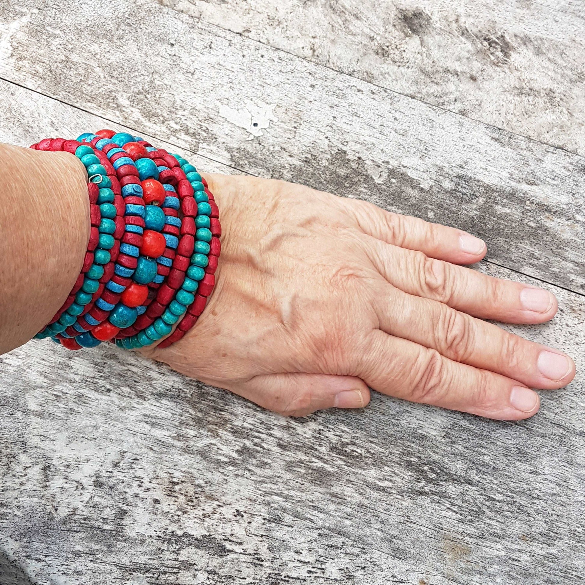 Colorful coil wrap spiral bracelet with adjustable memory wire. Tribal boho ethnic statement. Vibrant summer festival bracelets in 3 combos. - Vintage India Ca