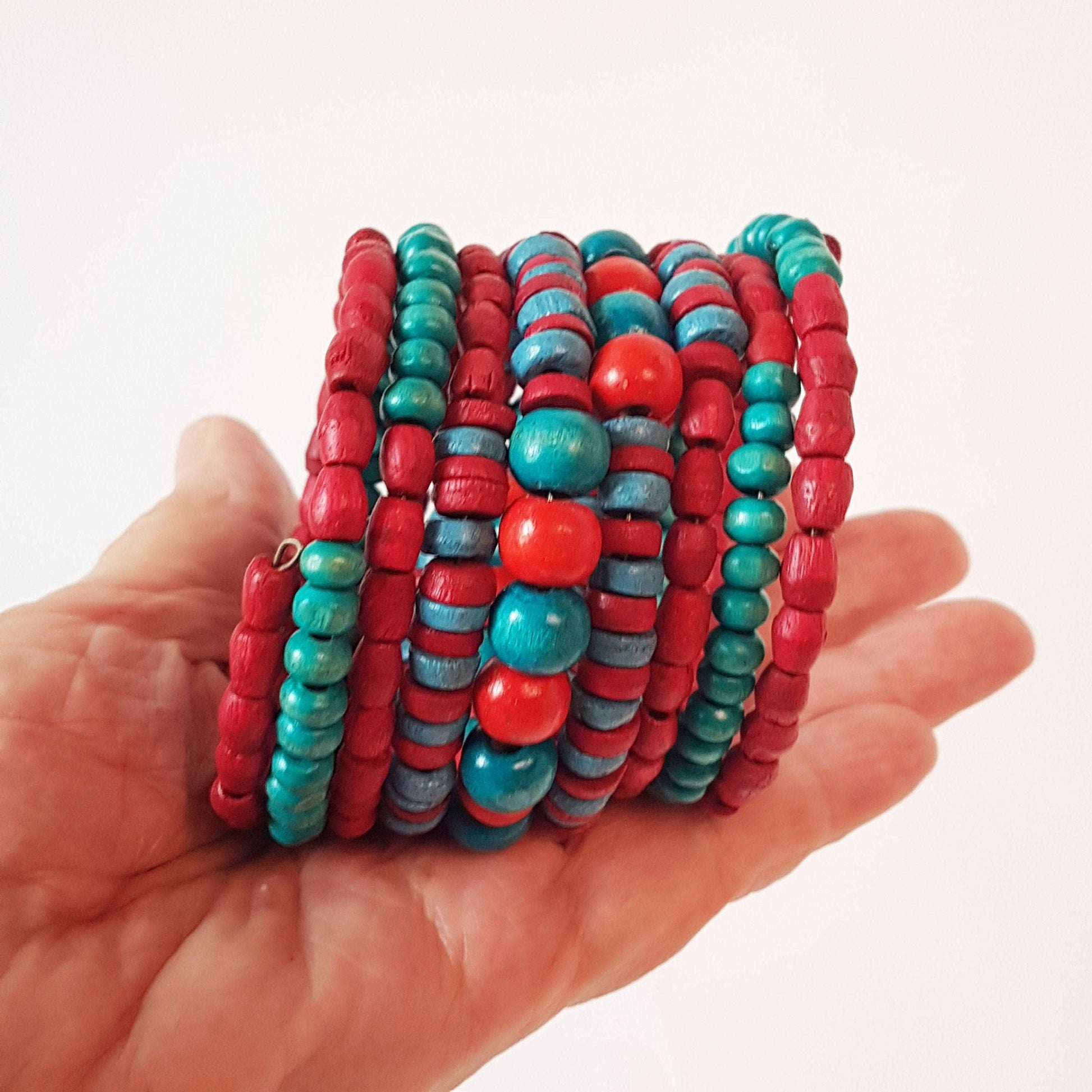 Colorful coil wrap spiral bracelet with adjustable memory wire. Tribal boho ethnic statement. Vibrant summer festival bracelets in 3 combos. - Vintage India Ca