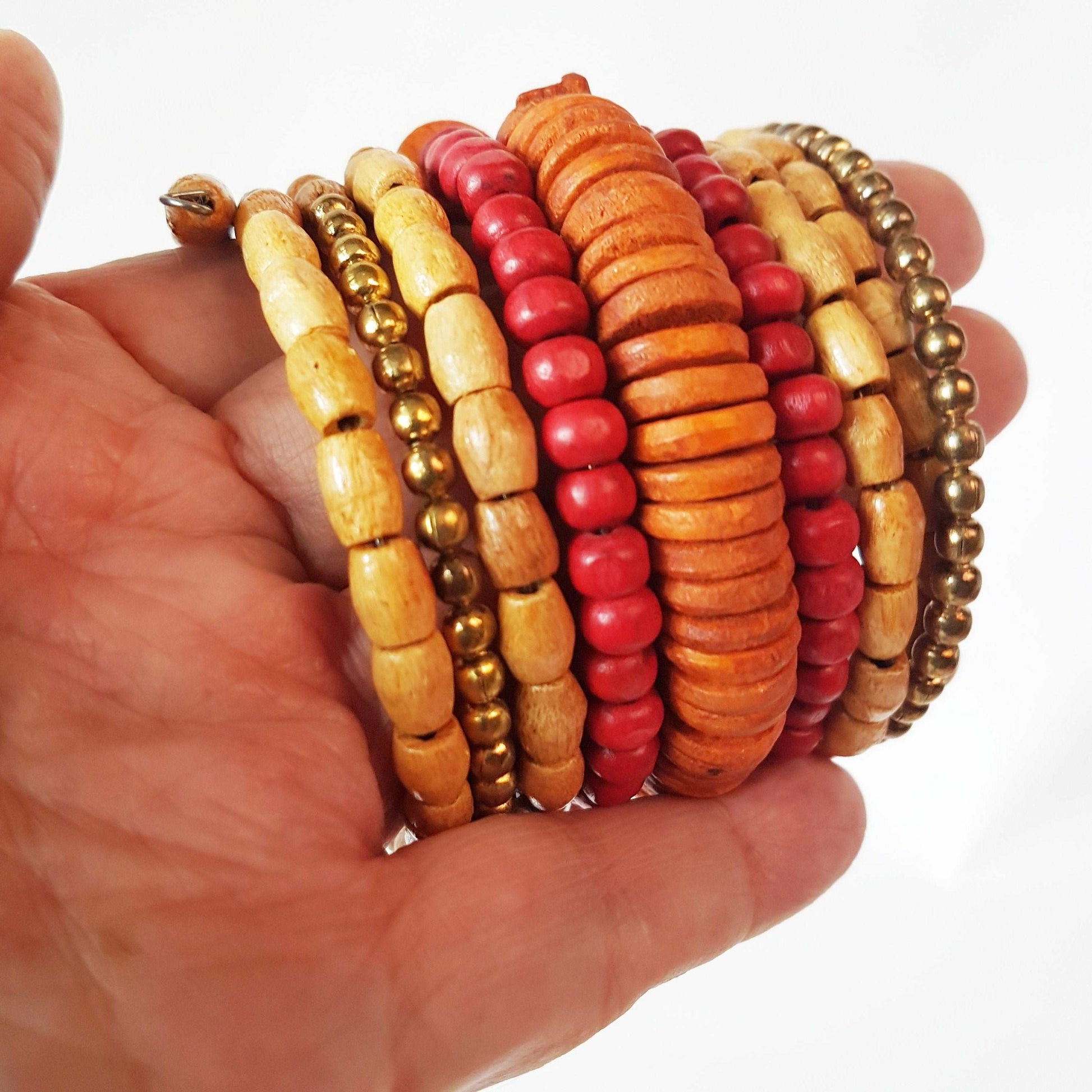 Colorful coil wrap spiral bracelet with adjustable memory wire. Tribal boho ethnic statement. Vibrant summer festival bracelets in 3 combos. - Vintage India Ca