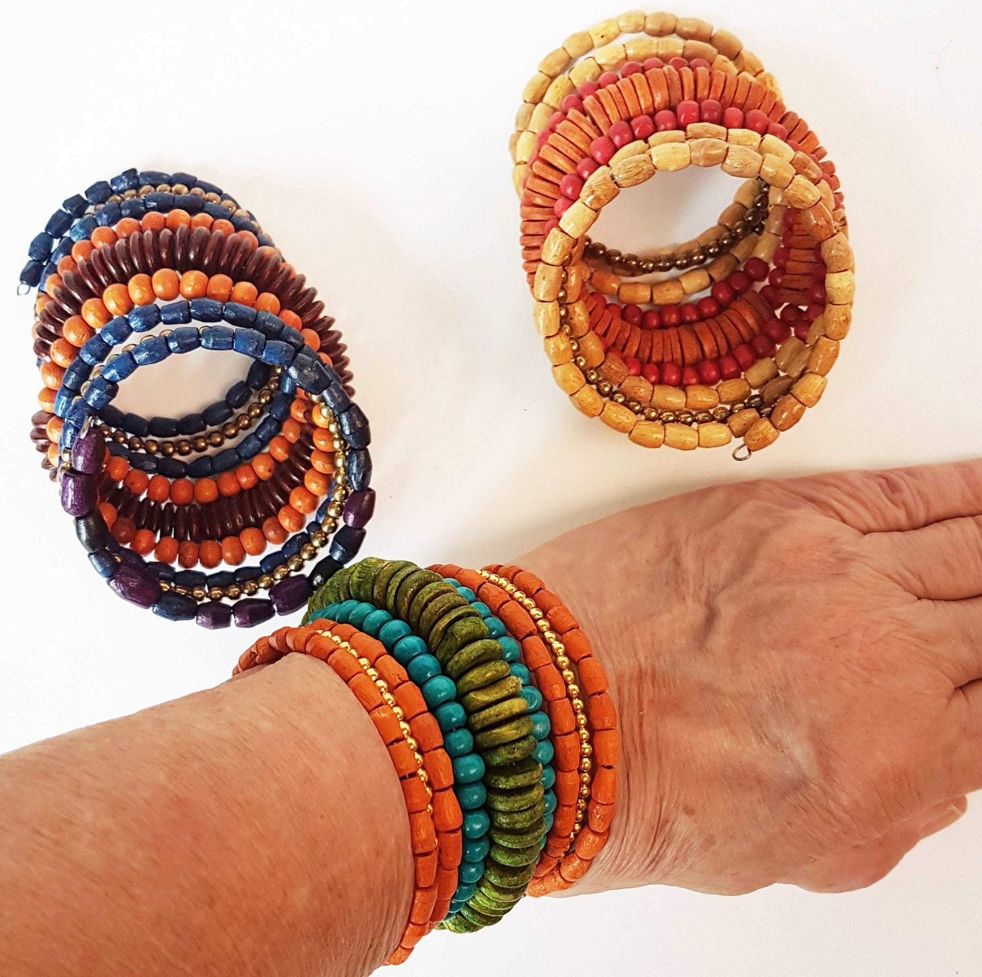 Colorful coil wrap spiral bracelet with adjustable memory wire. Tribal boho ethnic statement. Vibrant summer festival bracelets in 3 combos. - Vintage India Ca