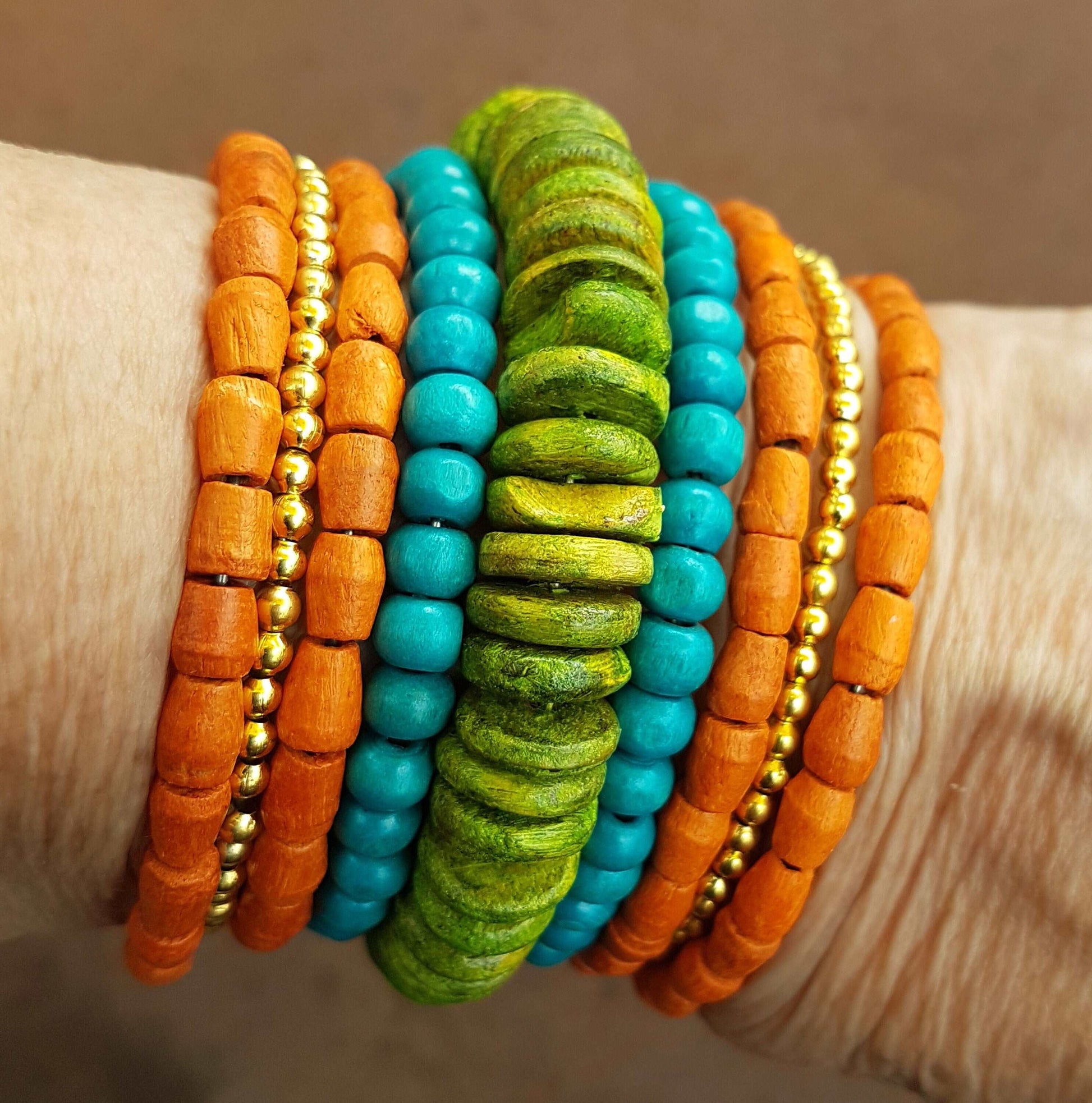 Colorful coil wrap spiral bracelet with adjustable memory wire. Tribal boho ethnic statement. Vibrant summer festival bracelets in 3 combos. - Vintage India Ca