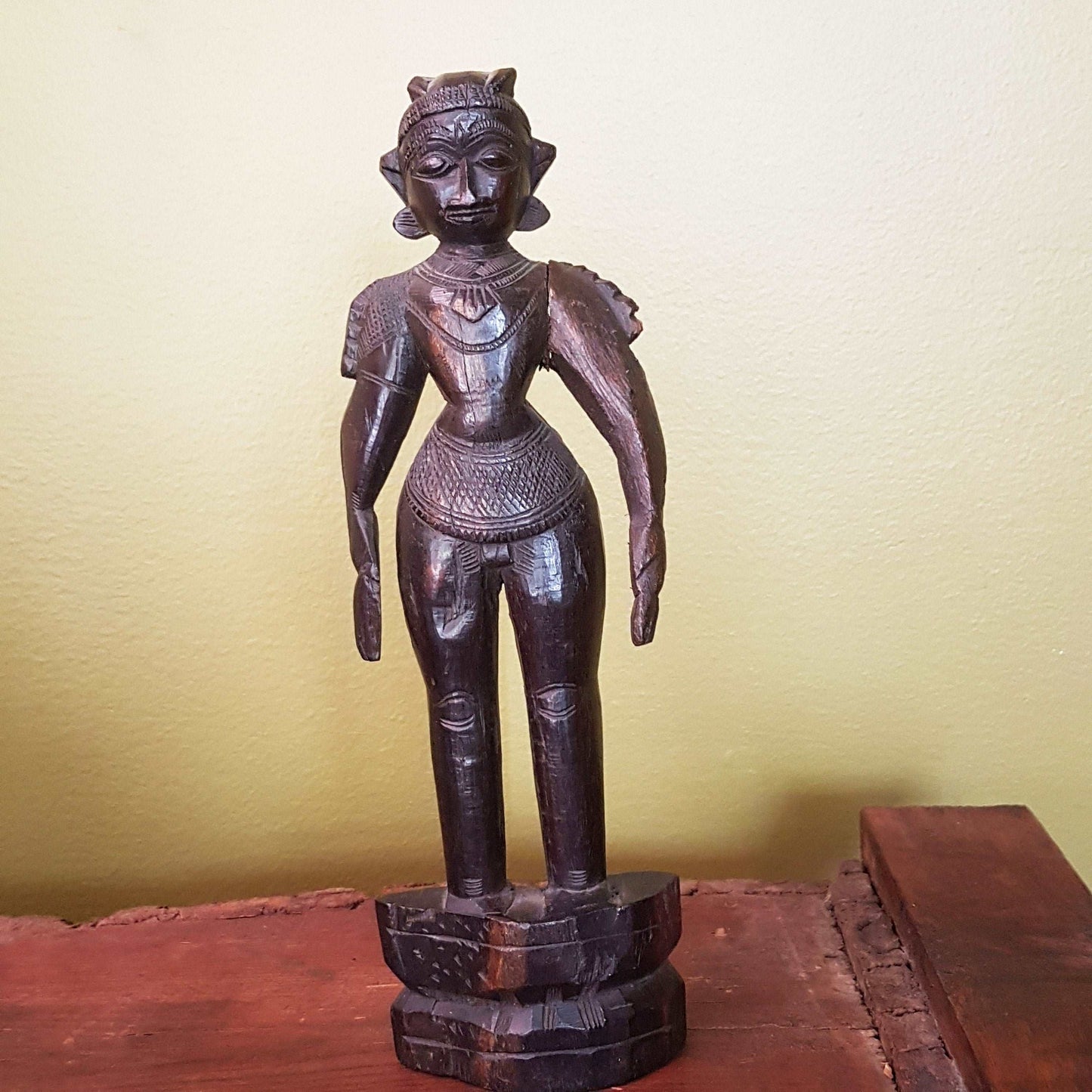 Antique ebony wood figurine from South India. Vintage black wooden statue representing male energy of Shiva. 10 inch height . Collectible. - Vintage India Ca