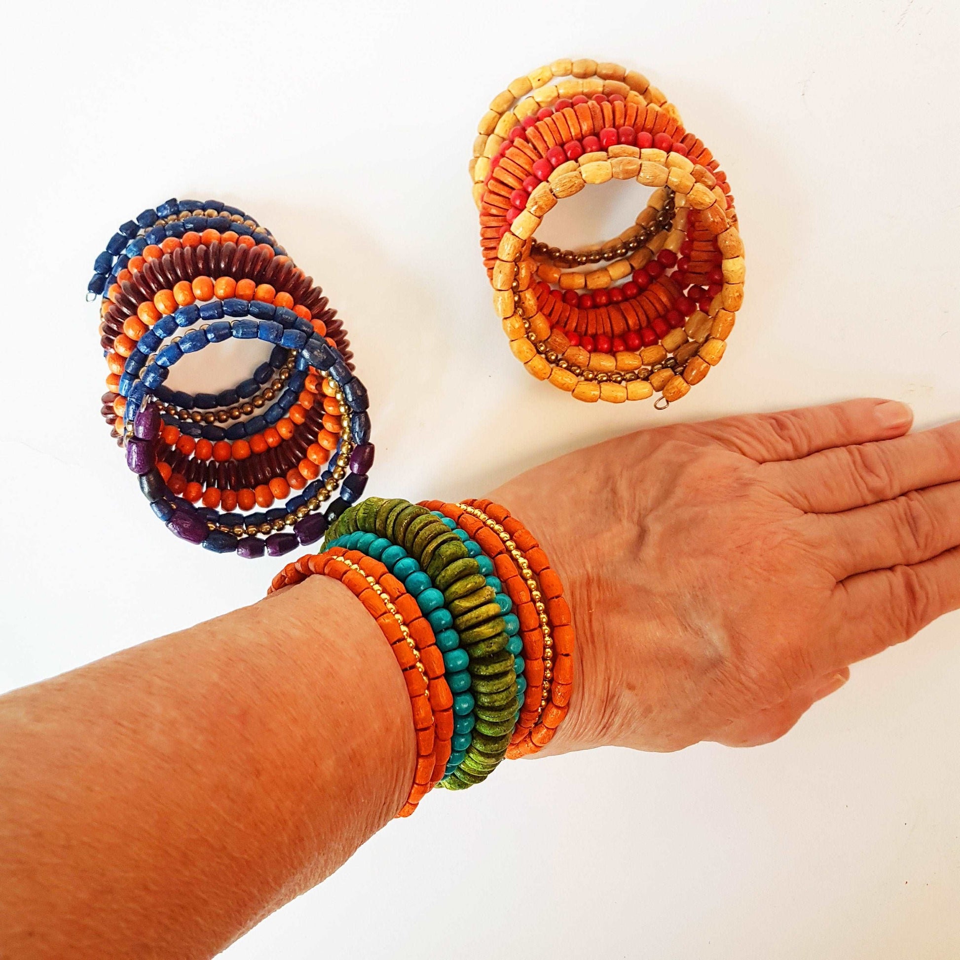 Colorful coil wrap spiral bracelet with adjustable memory wire. Tribal boho ethnic statement. Vibrant summer festival bracelets in 3 combos. - Vintage India Ca