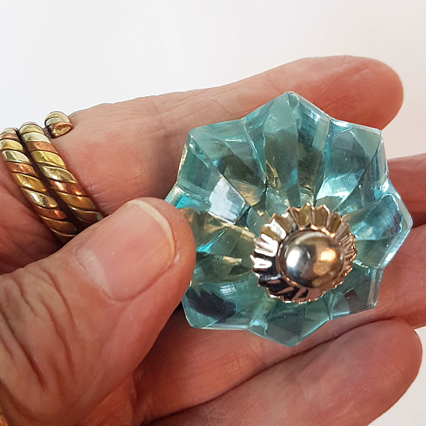 8 turquoise crystal cabinet door knobs. Transparent antique style turquoise drawer pulls. Furniture hardware knobs with silver accents. - Vintage India Ca