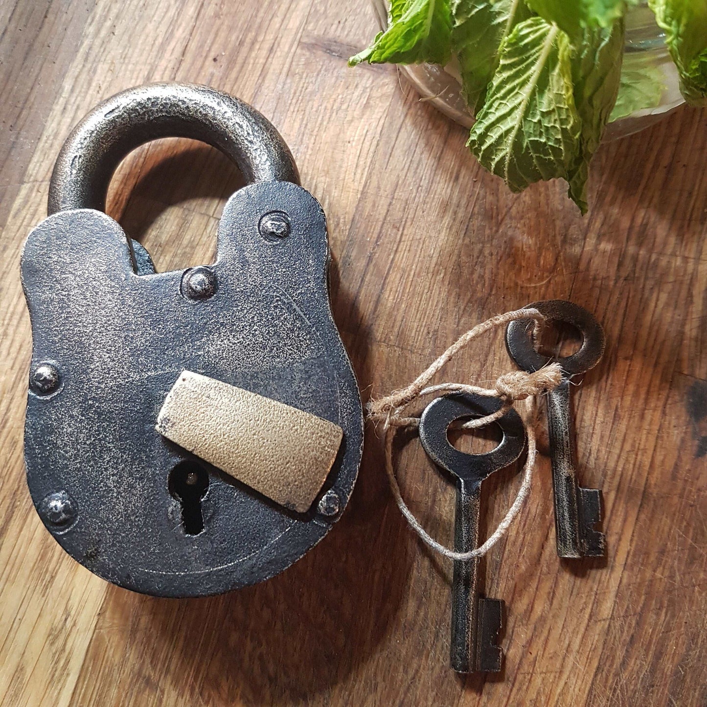 Antique metal pad lock in iron & bronze. Padlock 4 by 3 inches with 2 vintage keys. Unique old world design. Functional lock collectible. - Vintage India Ca