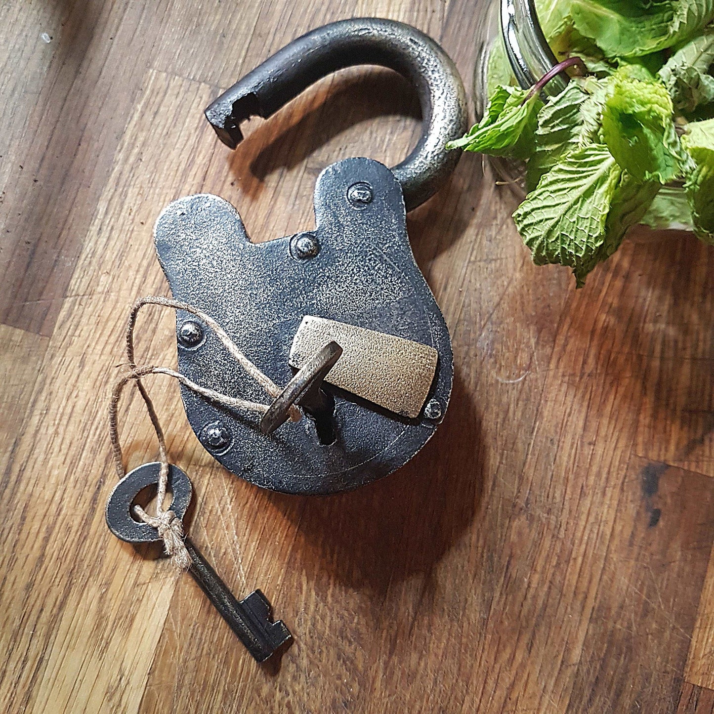 Antique metal pad lock in iron & bronze. Padlock 4 by 3 inches with 2 vintage keys. Unique old world design. Functional lock collectible. - Vintage India Ca