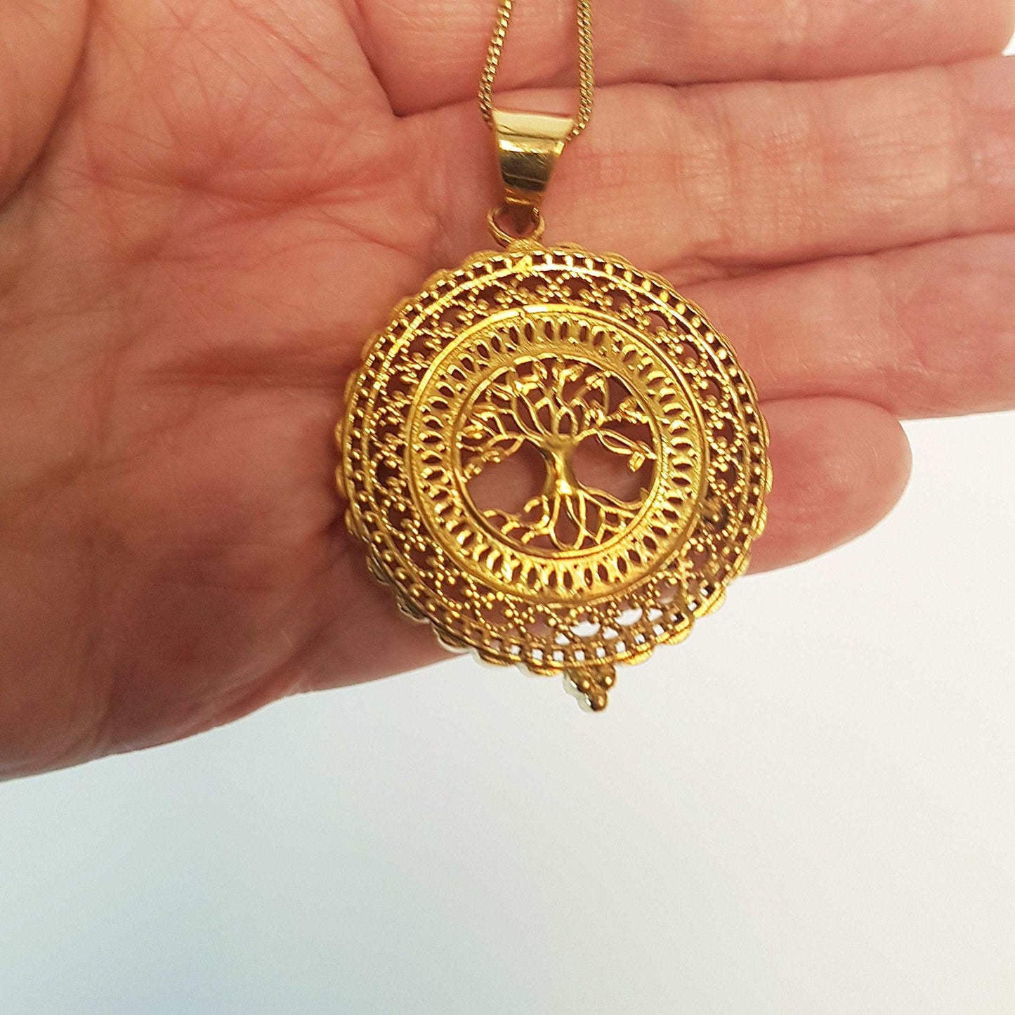 Bronze filigree tree of life pendant. Engraved gold disk shape tree pendant necklace. Gender neutral design. 1.75 inch diameter on chain. - Vintage India Ca