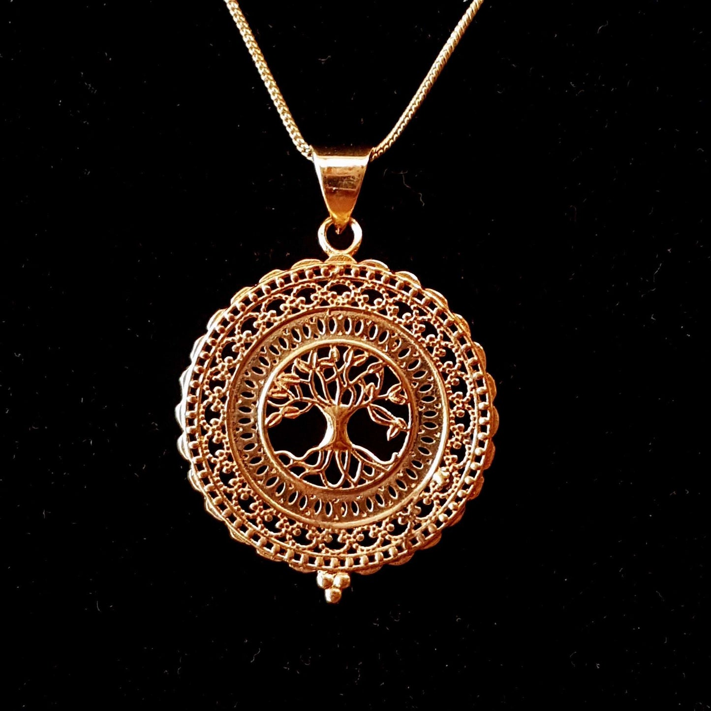 Bronze filigree tree of life pendant. Engraved gold disk shape tree pendant necklace. Gender neutral design. 1.75 inch diameter on chain. - Vintage India Ca